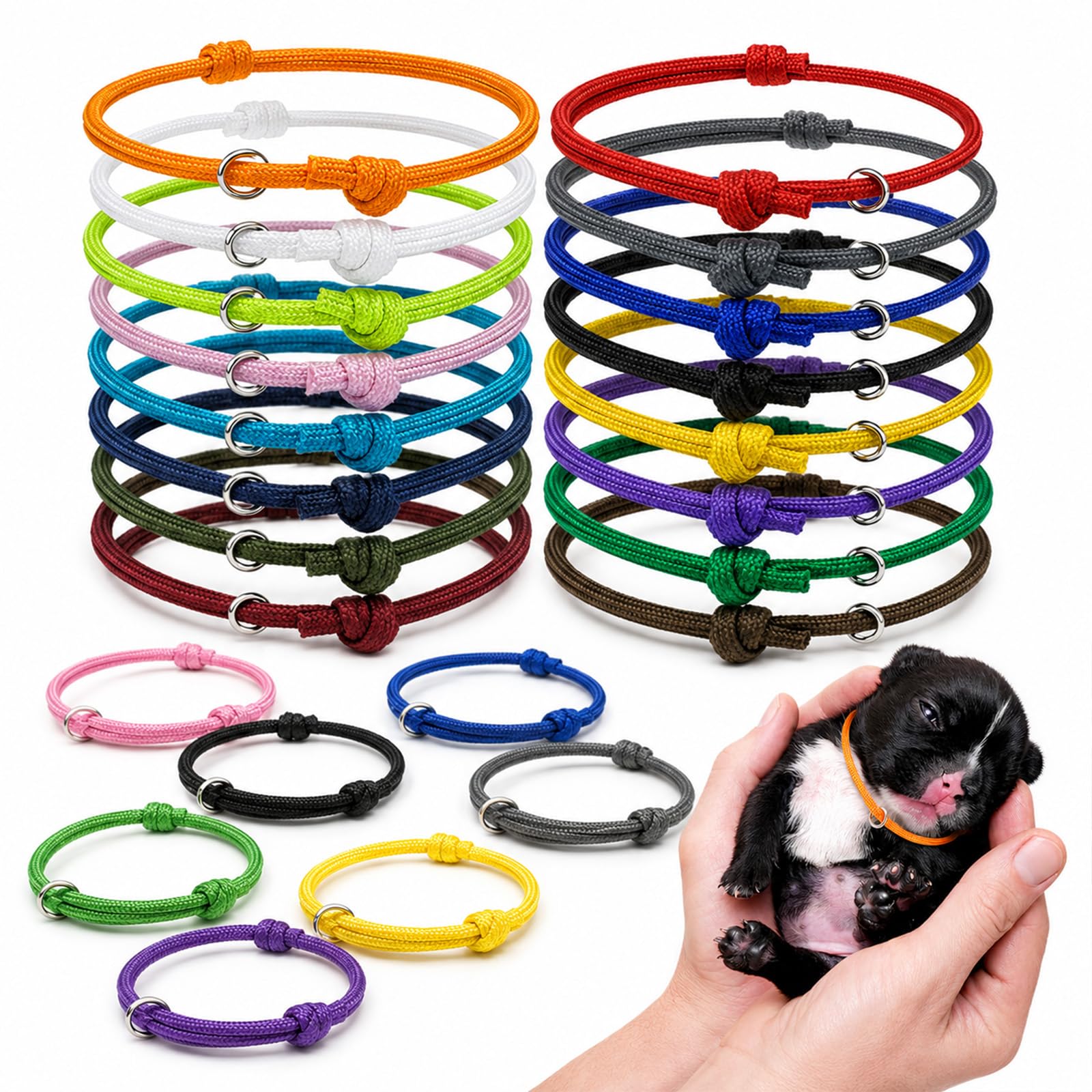 Solvind 16Pcs Adjustable Whelping ID Collars, Multi-Colored Nylon Identification Bands, S Size 4-6.5cm Hook and Loop Pet Collars for Newborn Small Pets
