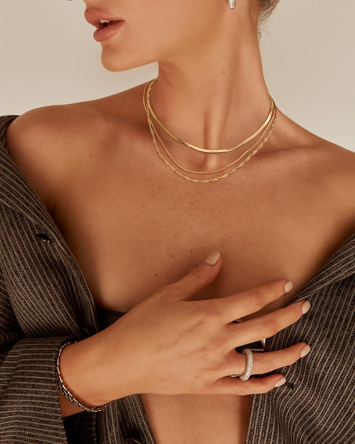 Tewiky Layered Necklaces for Women Non Tarnish- Chunky 14k Gold Plated Herringbone/Snake/Rope/Box/Cuban Link Chain for Women Waterproof Layering Stack Choker Necklace Trendy Dainty Tarnish Free Jewelry Set - Image 4