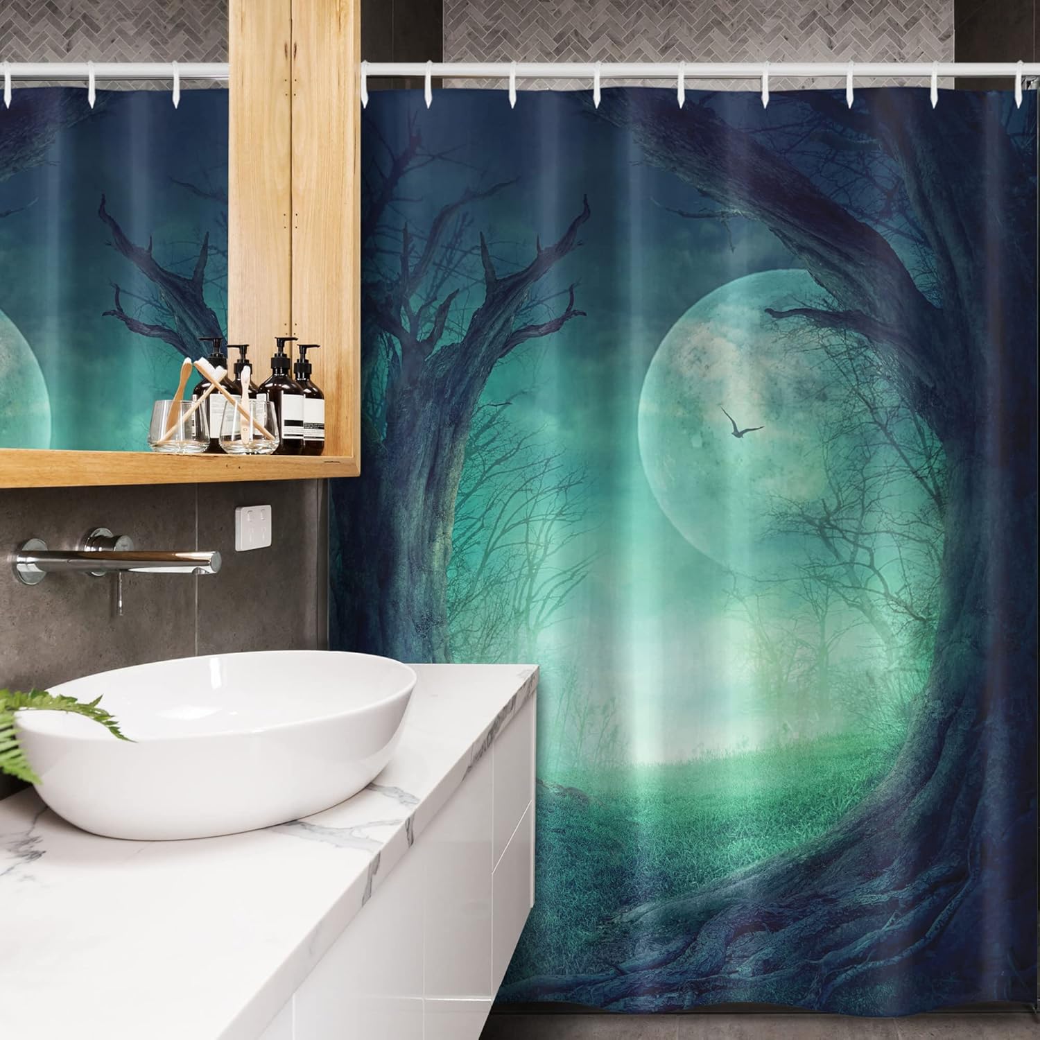 Ambesonne Gothic Stall Shower Curtain, Misty Horror Image of Autumn Valley with Woods Spooky Tree and Full Moon Scenery, Fabric Bathroom Decor Set with Hooks, 54" W x 78" L, Navy Green