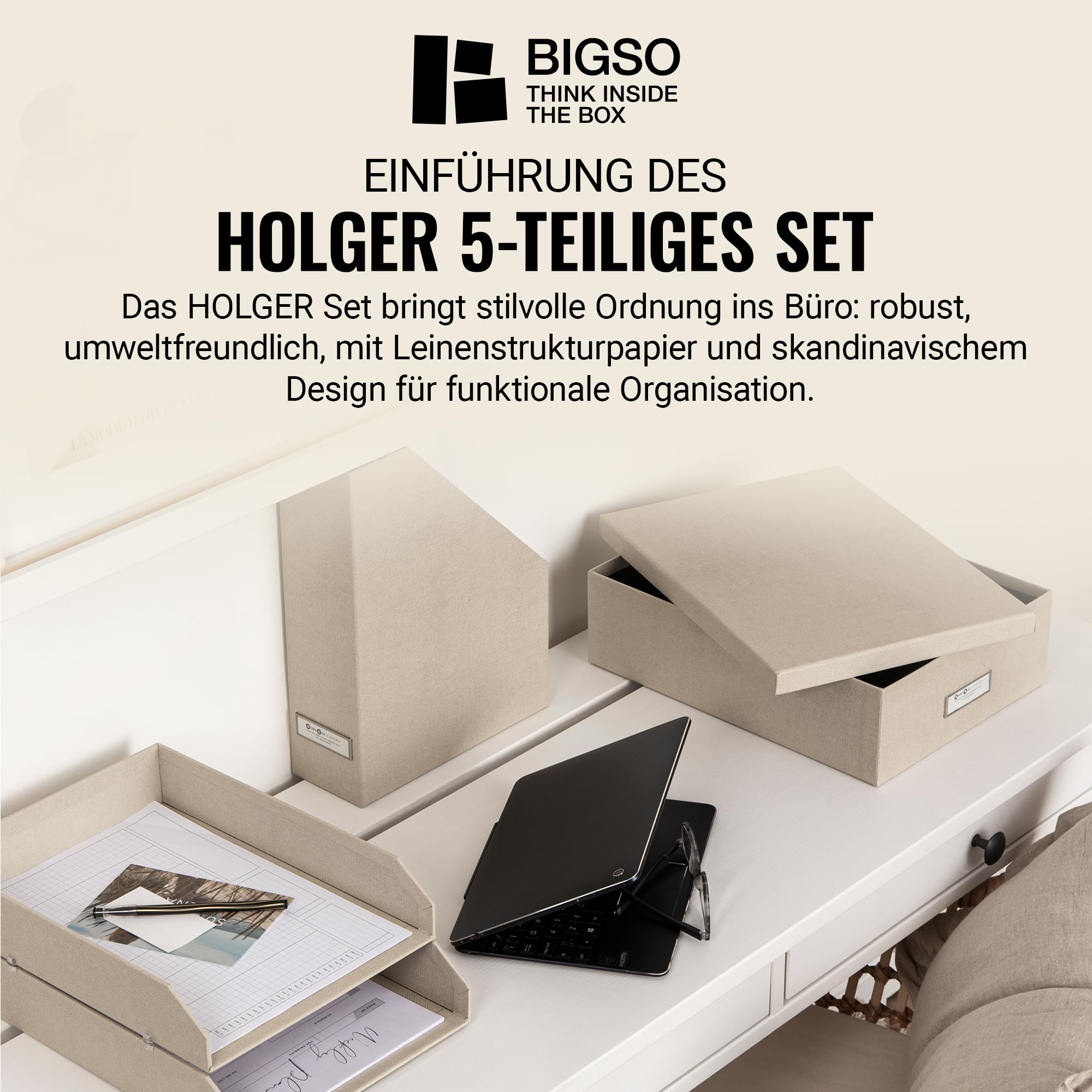 BIGSO HOLGER 5-teiliges Schreibtisch Set – Ordnungssystem mit 2 Stehsammlern, 2 Briefablagen und einer Box – Organizer aus Faserplatte und Papier in Leinenoptik – beige