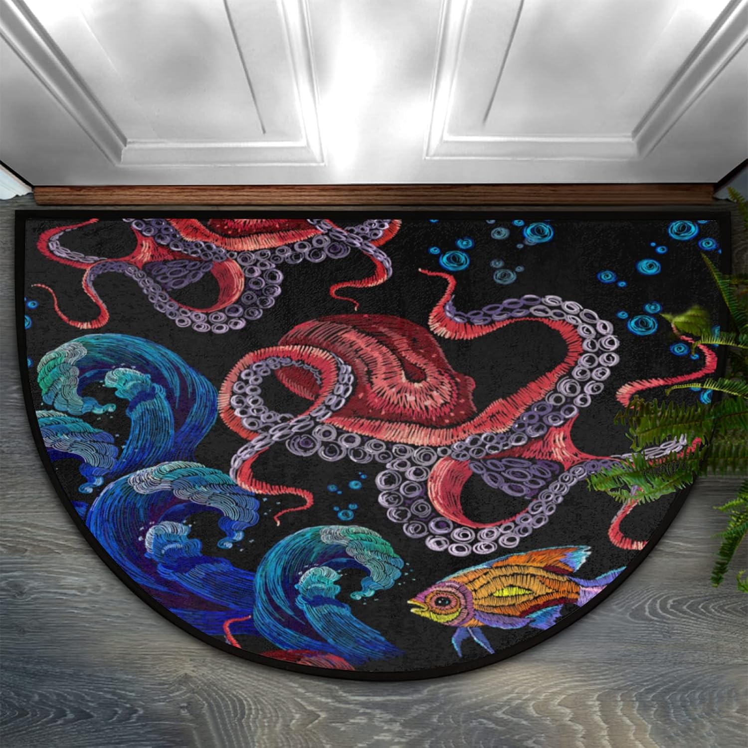 Half Round Rugs Octopus Sea Wave and Tropical Fish Semicircular Indoor Door Mat Entryway Welcome Mat Non-Slip Half Round Low Profile Door Mat for Patio High Traffic Areas
