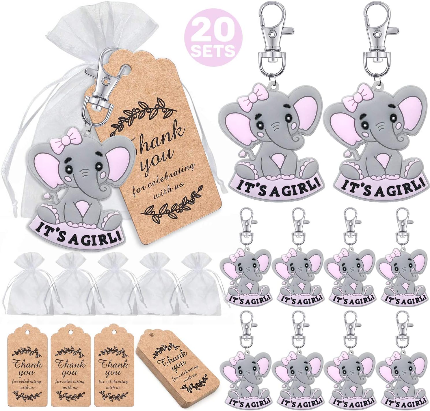 MOVINPE 20 Sets It's a Girl Baby Shower Return Favors for Guests, Pink Baby Elephant Keychains + Organza Bags + Thank You Kraft Tags for Elephant Theme Party Favors, Girls Kids Party Supplies