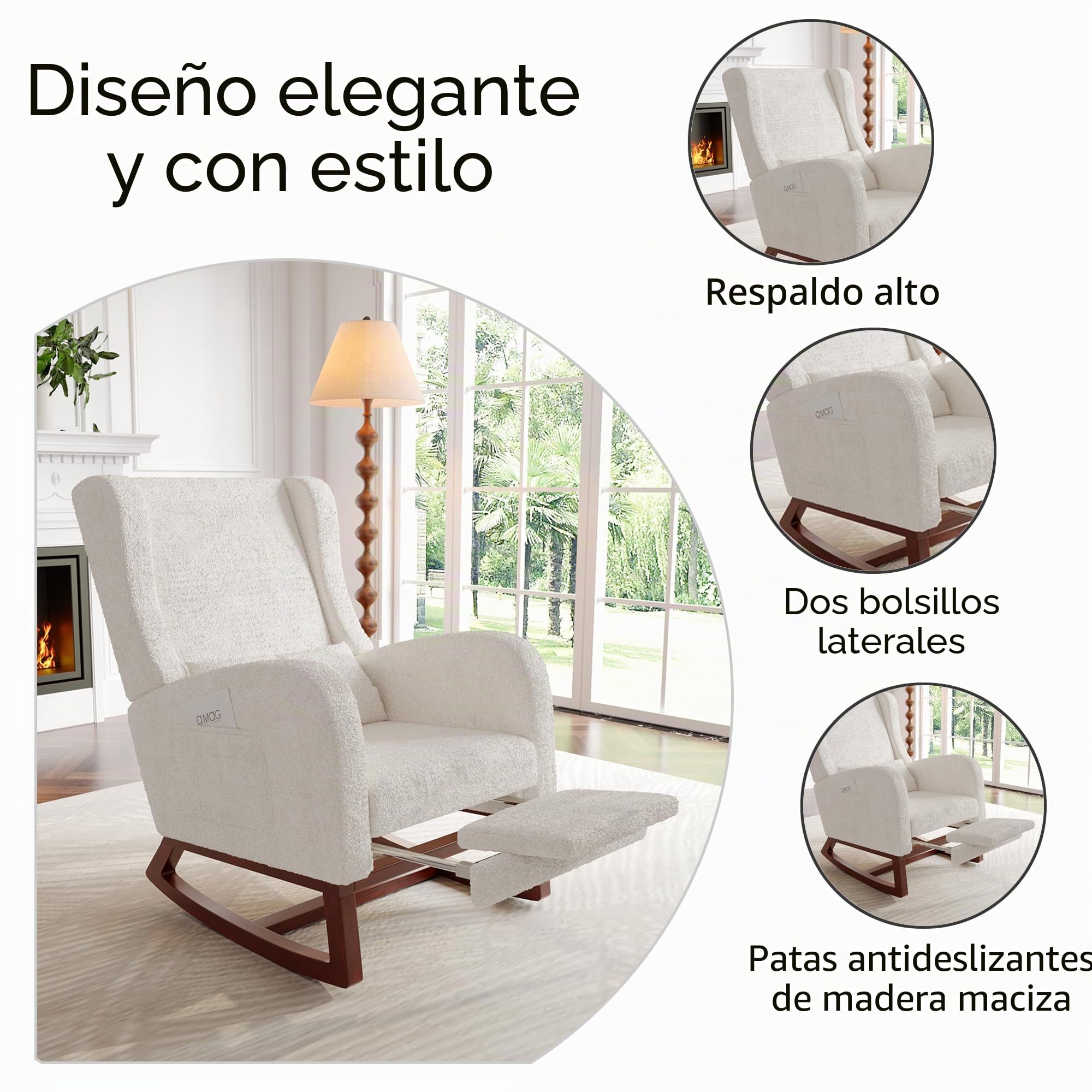 Mecedora, silla de relax con reposapiés y reposacabezas, cómoda silla de lectura de madera, columpio para salón, dormitorio, fácil de montar, lana de oveja, beige y blanco
