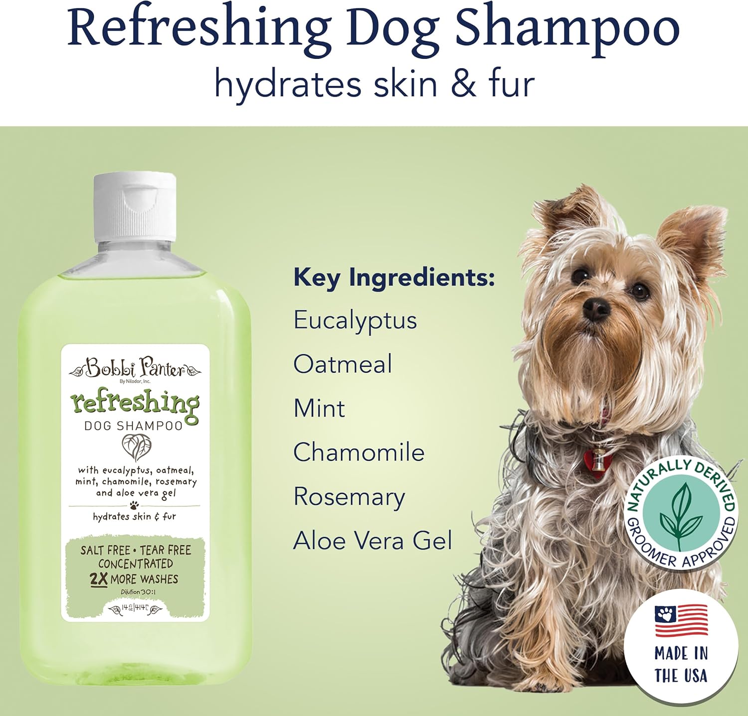 Bobbi Panter Refreshing Dog Shampoo Eucalyptus, Mint, Chamomile & Rosemary – Hydrating Natural Formula for Clean Fresh Coat, Tear-Free, 30:1 Concentrate, 14 oz (Case of 12)