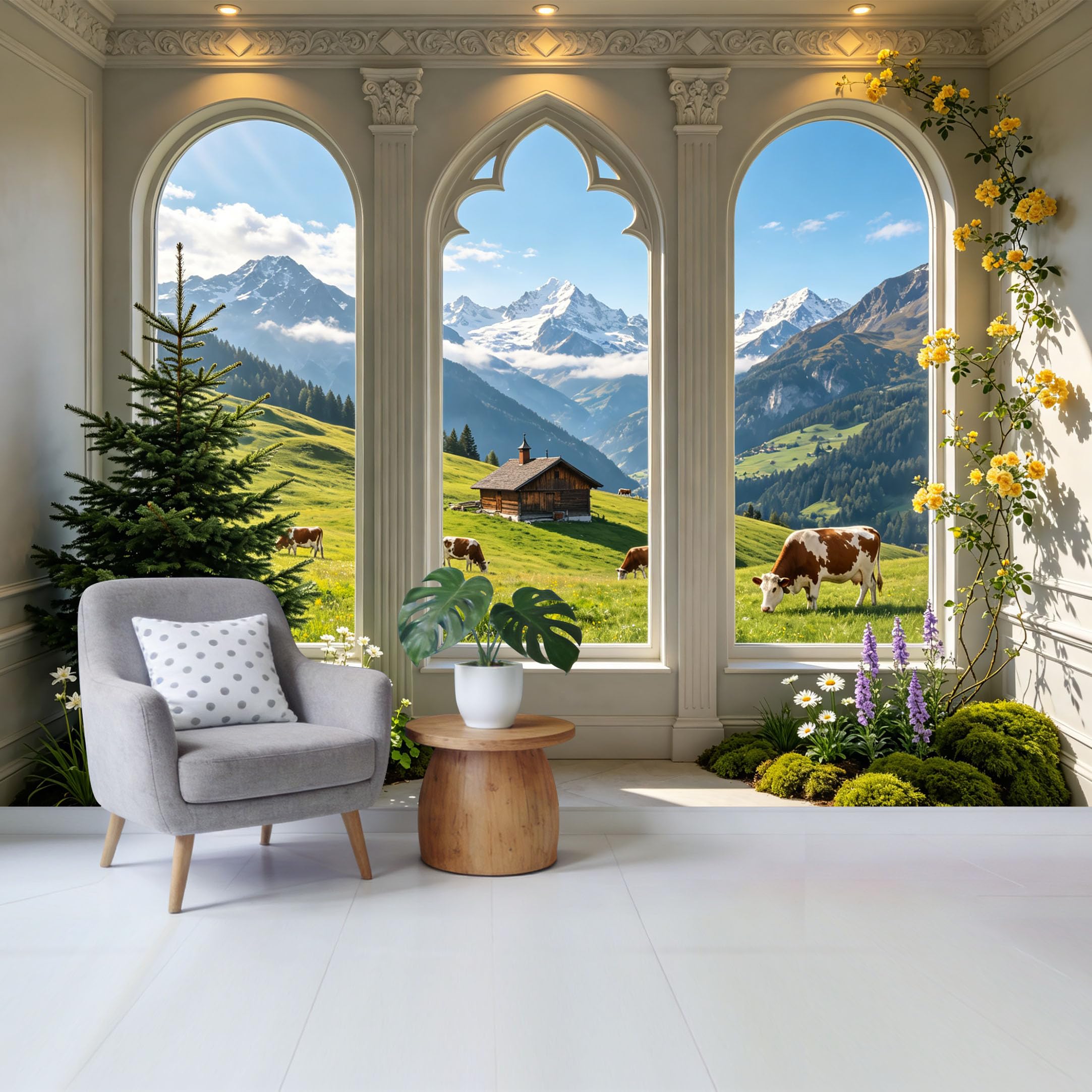 Removable Self Adhesive Fabric Mural， Alpine Meadow Mountain Cabin Custom Size Wall Covering， UV Protected Waterproof Washable Wall Decor for Living Room Bedroom Bathroom