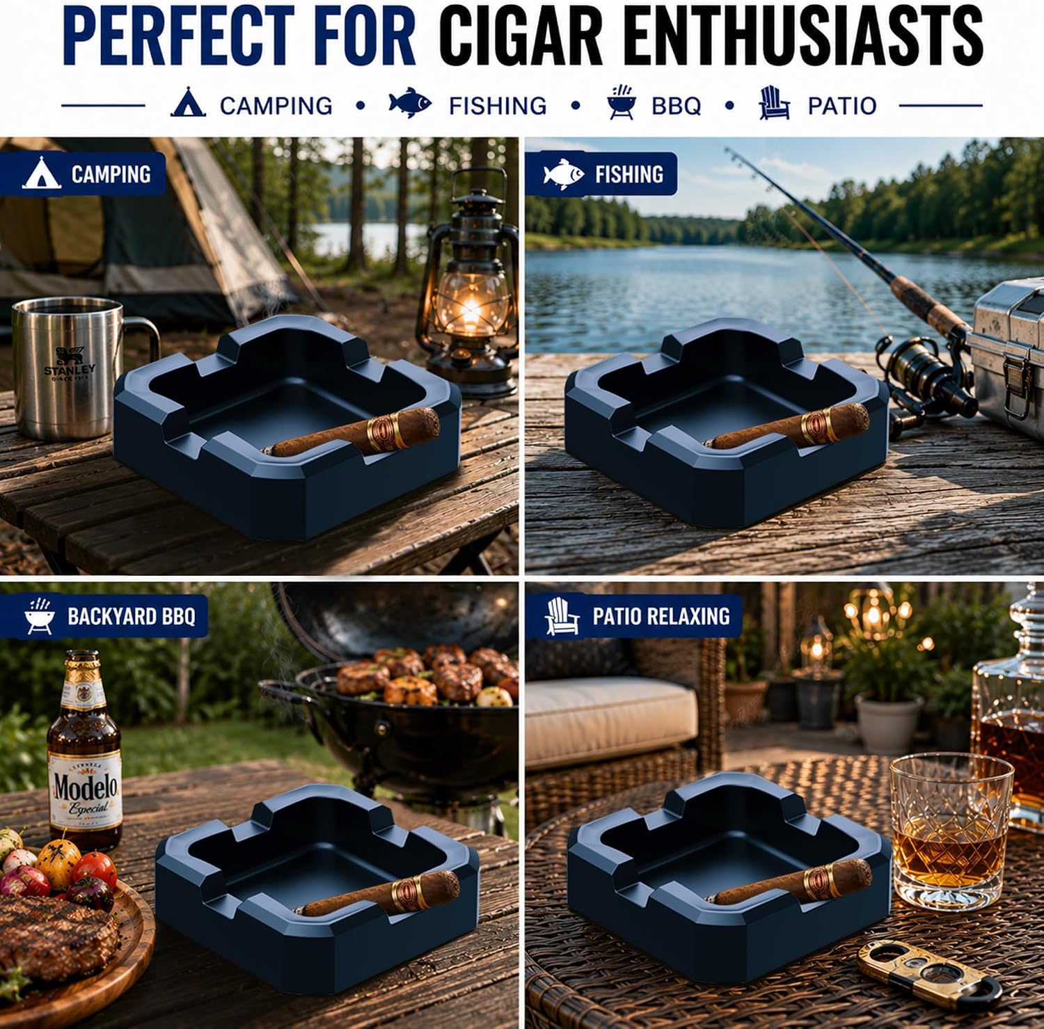 Cigar Ashtray Silicone 4 Cigar Rests Square Ashtray | Unbreakable, heat-resistant silicone outdoor ashtray, Scratch-Free & easy to clean, Perfect for patios, balconies, or indoors