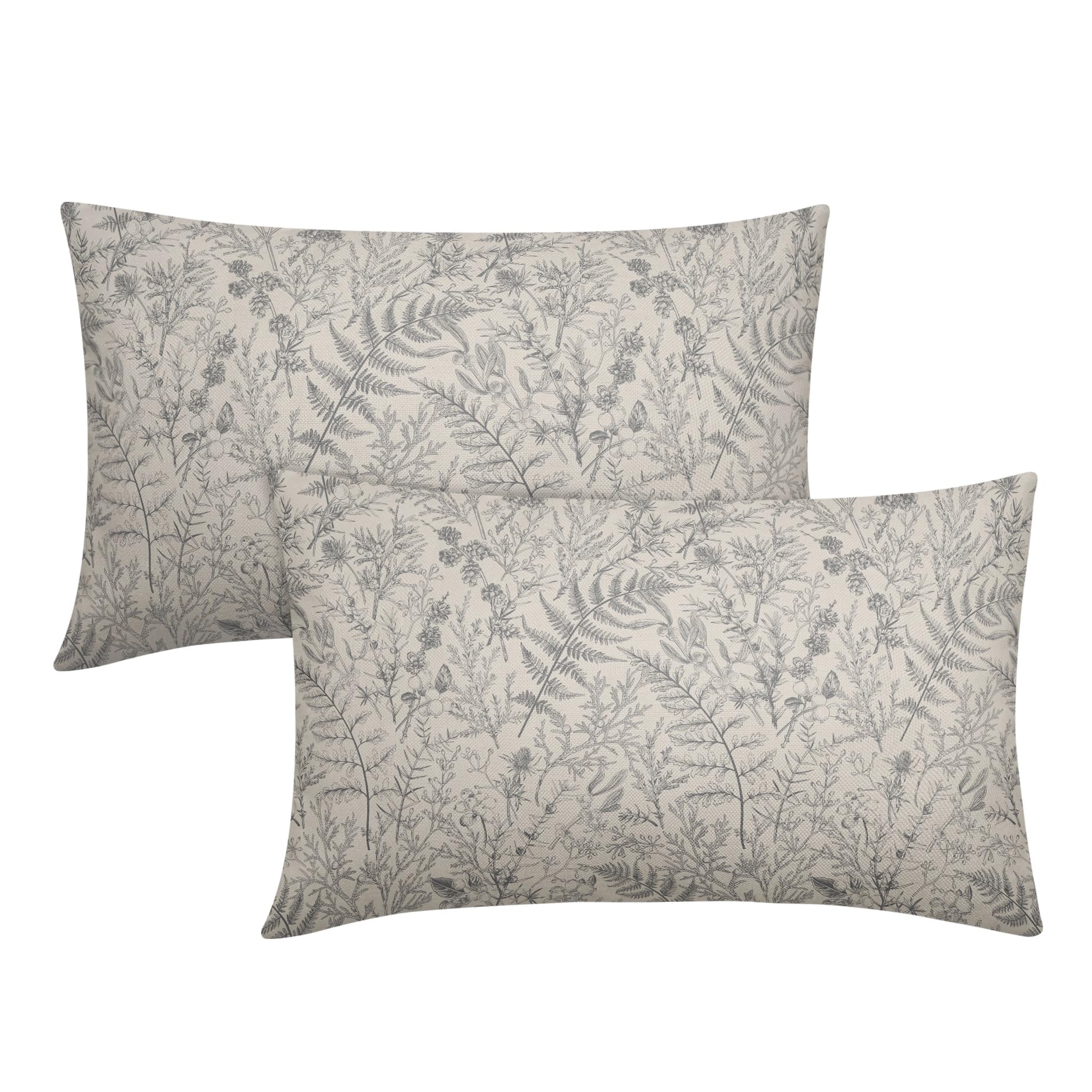 Gray Leaf Plant Lumbar Pillow Covers 12X20 Inch Herbs Botanical Fern Vintage Leaves Floral Decorative Pillow Cases Set of 2 Throw Pillows Farmhouse Home Decor for Sofa Couch Cushion Outdoor