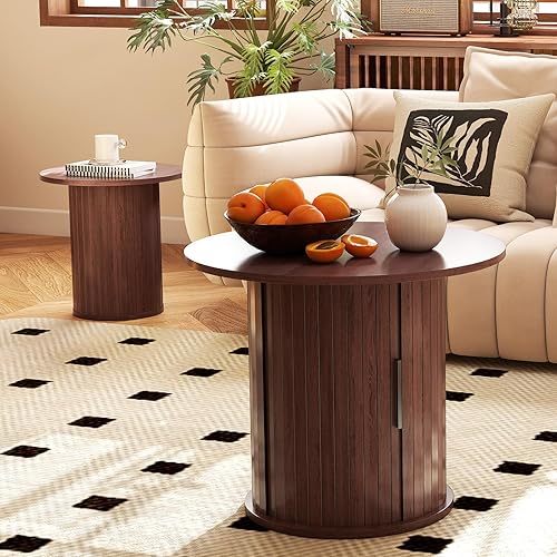 Miniatura 8 de Mesa auxiliar redonda de madera de 23.6 pulgadas con almacenamiento oculto y puerta corrediza, juegos de mesa auxiliar circular de granja para sala