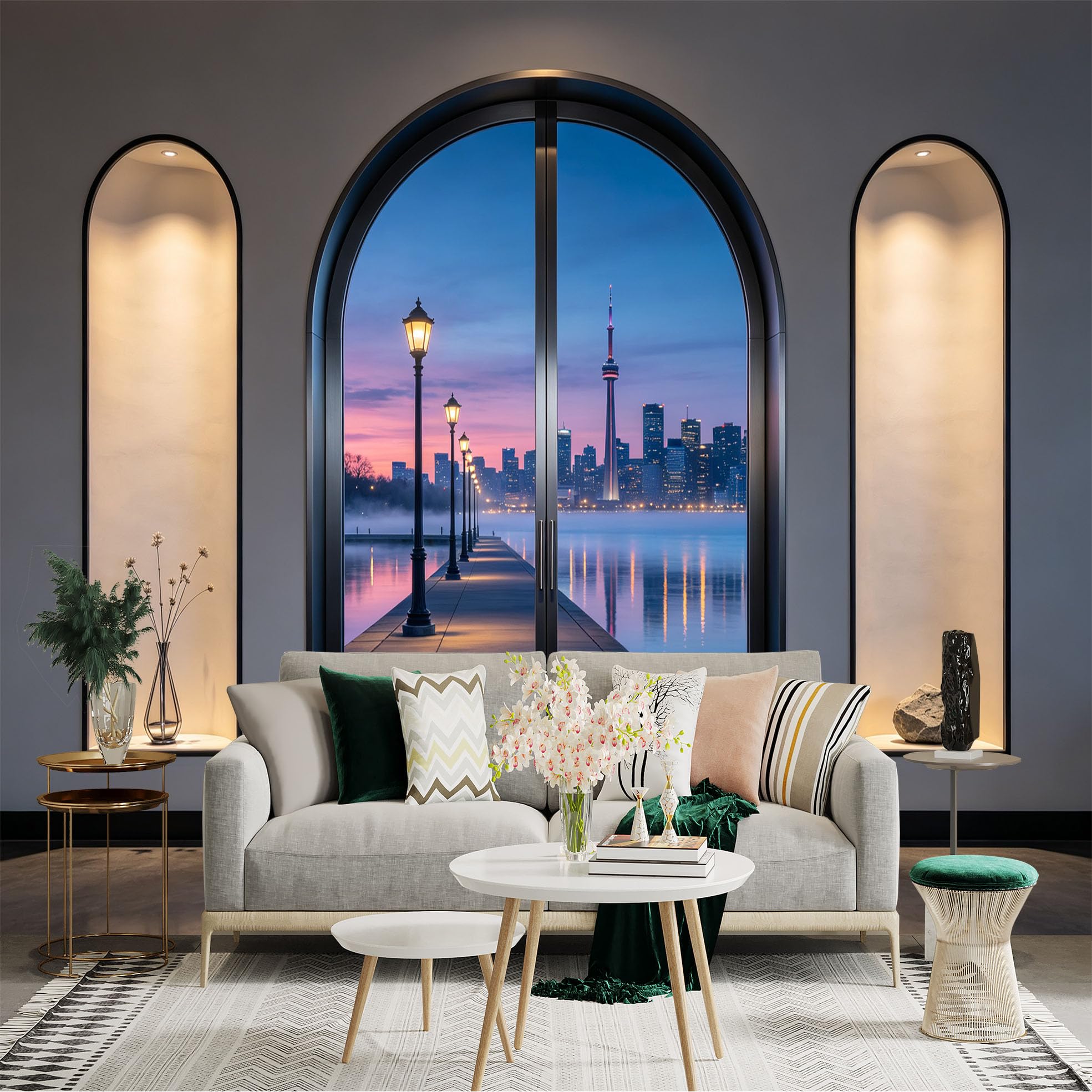 Custom Size Wall Sticker Mural， Modern City Skyline by Lake with Pier and Sunset Lights， for wall Decoration， peelandstick wall Decals.