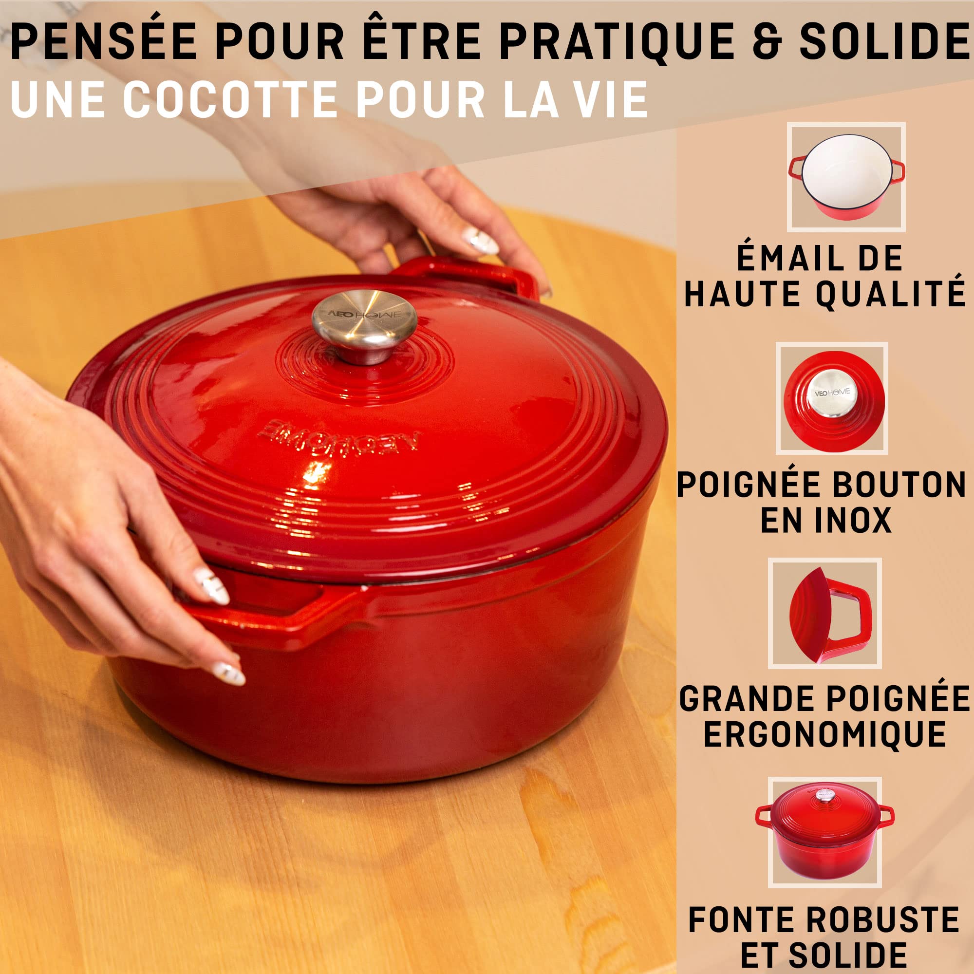 Cocotte Fonte Émaillée VeoHome Rouge 6L Ø28cm, Faitout Ultra Résistant,Marmite Compatible Induction/Gaz/Four, Cuisson Homogène, Saveurs Authentiques, Couvercle Relief