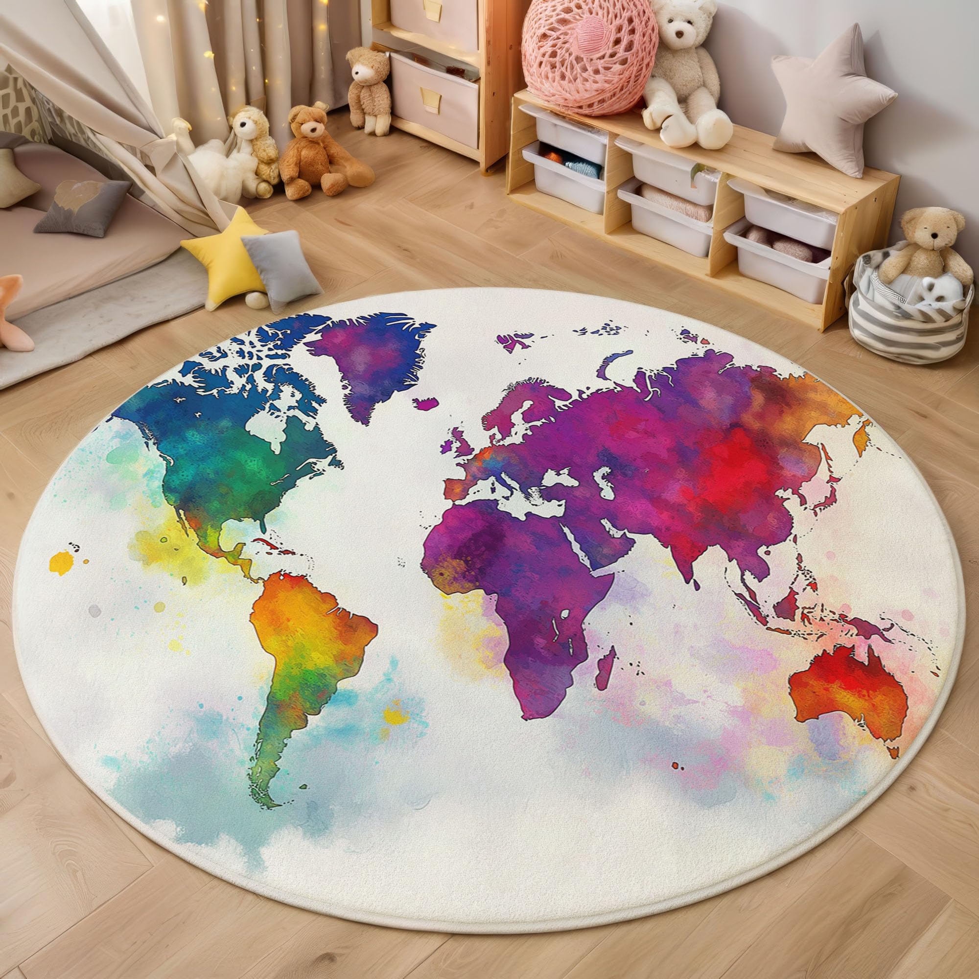 Aquarell-Weltkarte Rutschfest Runder Teppich 100cm, Minimalismus Runder Teppich Wohnzimmer, Mehrfarbig Dekoration Teppiche Weich Waschbar Für Zuhause Bodenmatte Schlafzimmer Dekorativer Teppiche