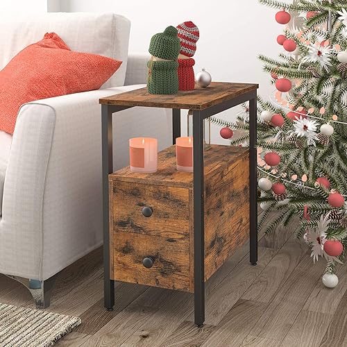 Miniatura 2 de HOOBRO End Table, Narrow Chairside Table with Drawer and Open Storage Shelf, Nightstand for Small Spaces, Stable and Sturdy Construction, Wood Look