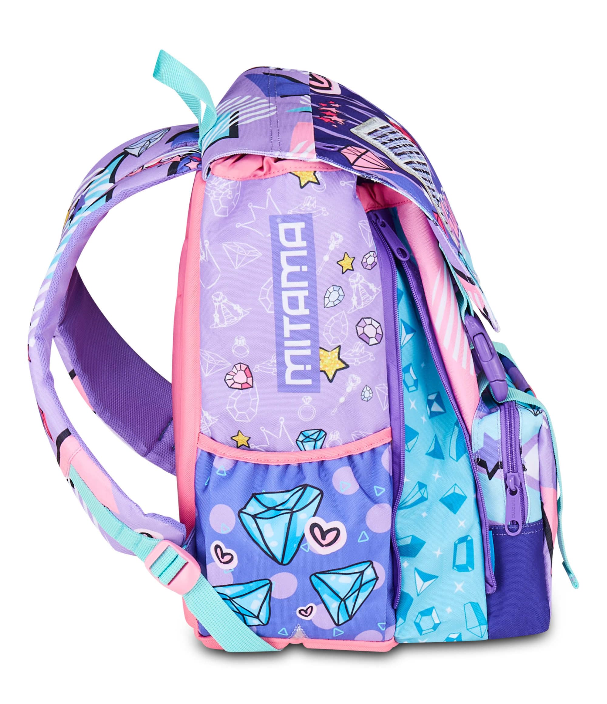 Zaino scuola Triplo Scomparto Mitama DOUBLE DIAMOND, Lilla, Zaino Estensibile, Tasca Porta Borraccia, Schienale Preformato, Scuola Elementare, Bambina