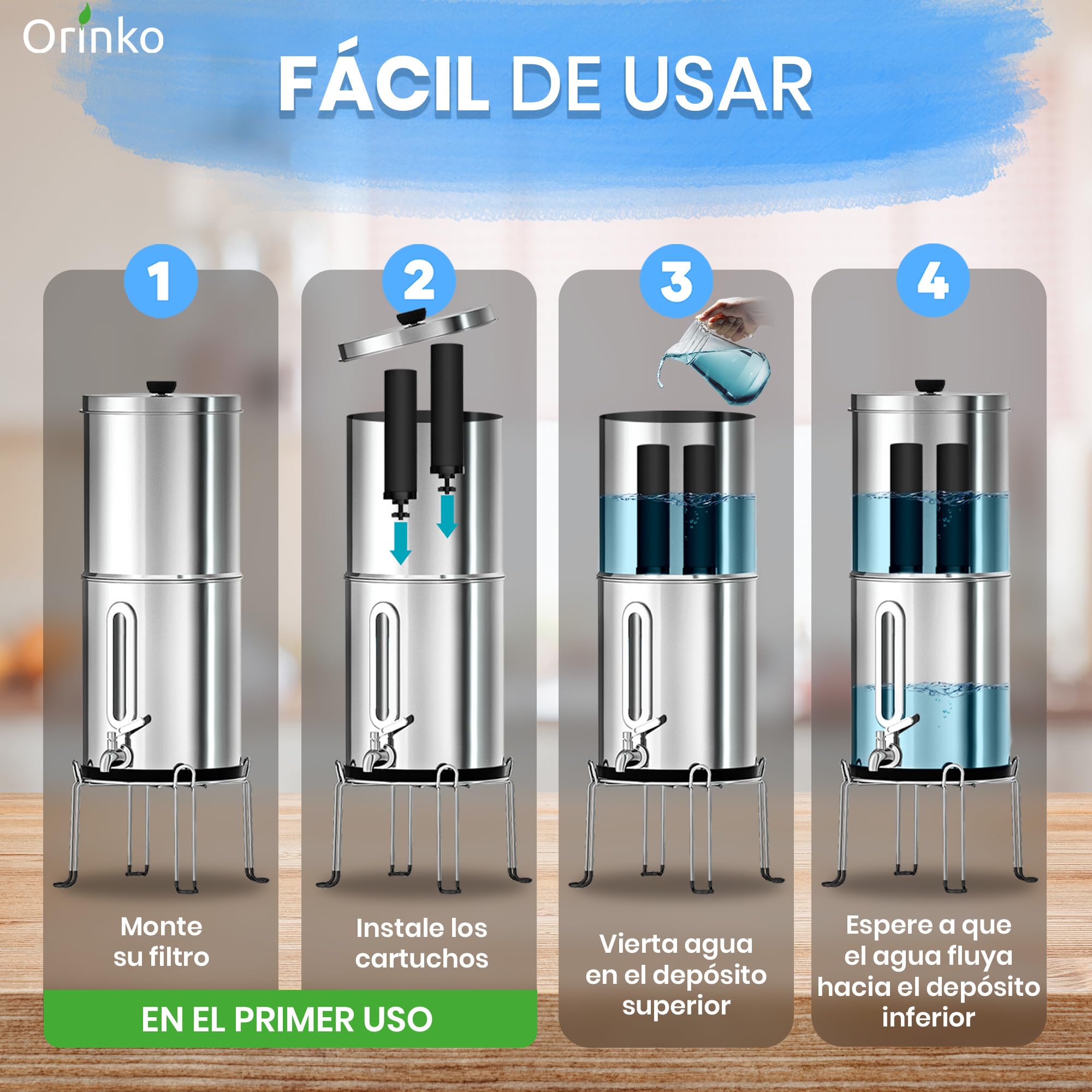 Filtro de Agua por Gravedad - Purificador de Agua Doméstico de Acero Inoxidable con Filtro de Carbón Activo - Sistema de Filtración para Agua Potable Pura - Ideal para Hogar y Camping