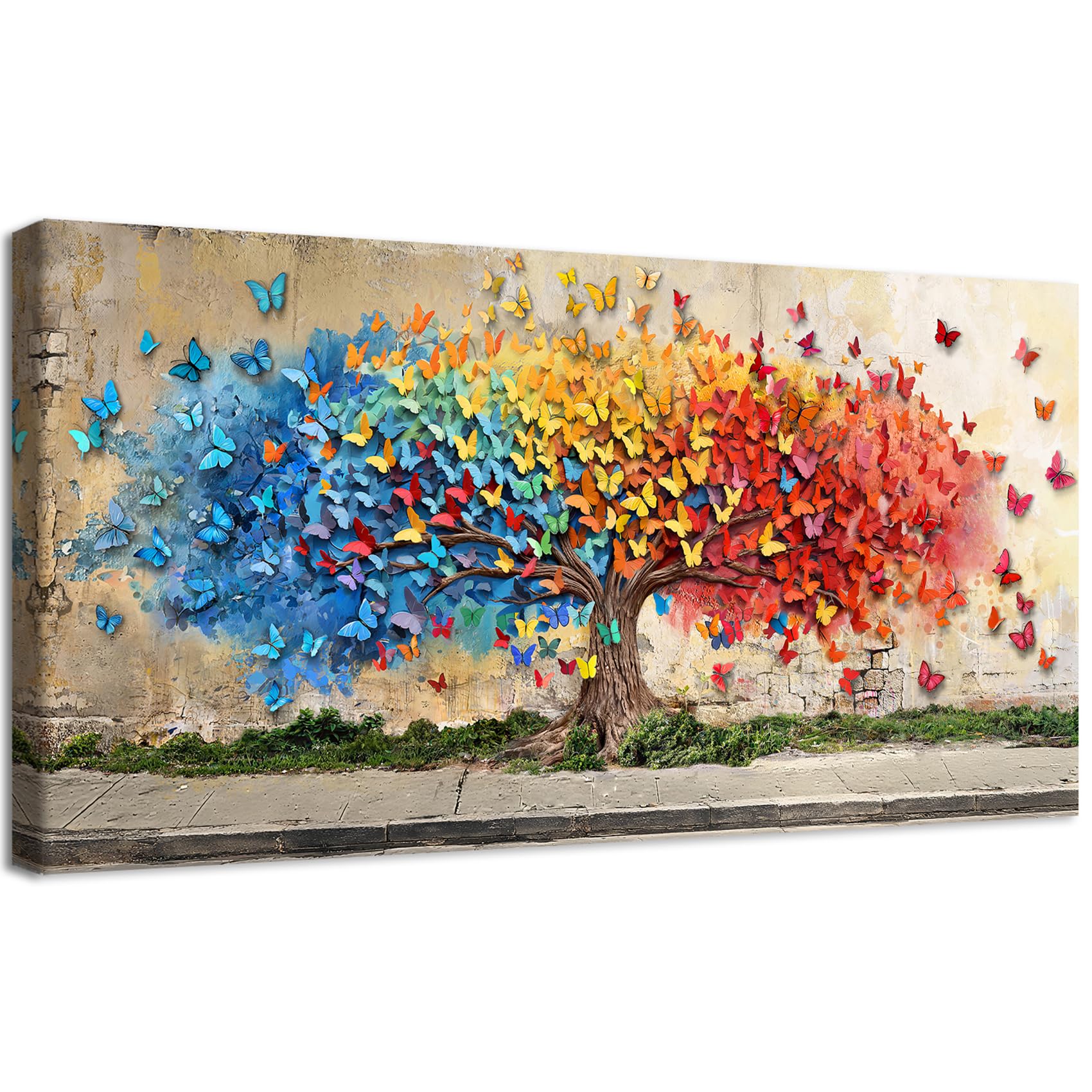 Bestpricepictures 3D drzewo życia, duża nowoczesna drewniana ramka do graffiti obraz na zdjęcia pomarańczowy czerwony niebieski dekoracyjne obrazy do salonu sypialnia 50 x 100 cm