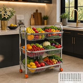 MIKANIX Stainless Steel Vegetable & Fruit Storage Rack with Wheels, Kitchen Storage Basket Organizer, Rust Proof Stand for... Price In India