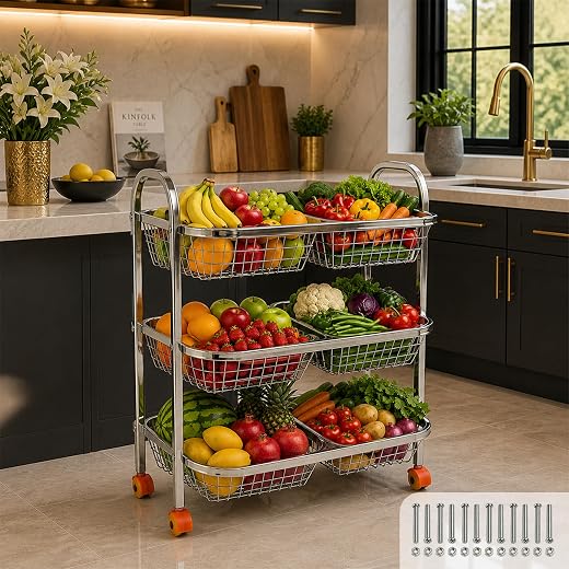 MIKANIX Stainless Steel Vegetable &amp; Fruit Storage Rack with Wheels, Kitchen Storage Basket Organizer, Rust Proof Stand for...