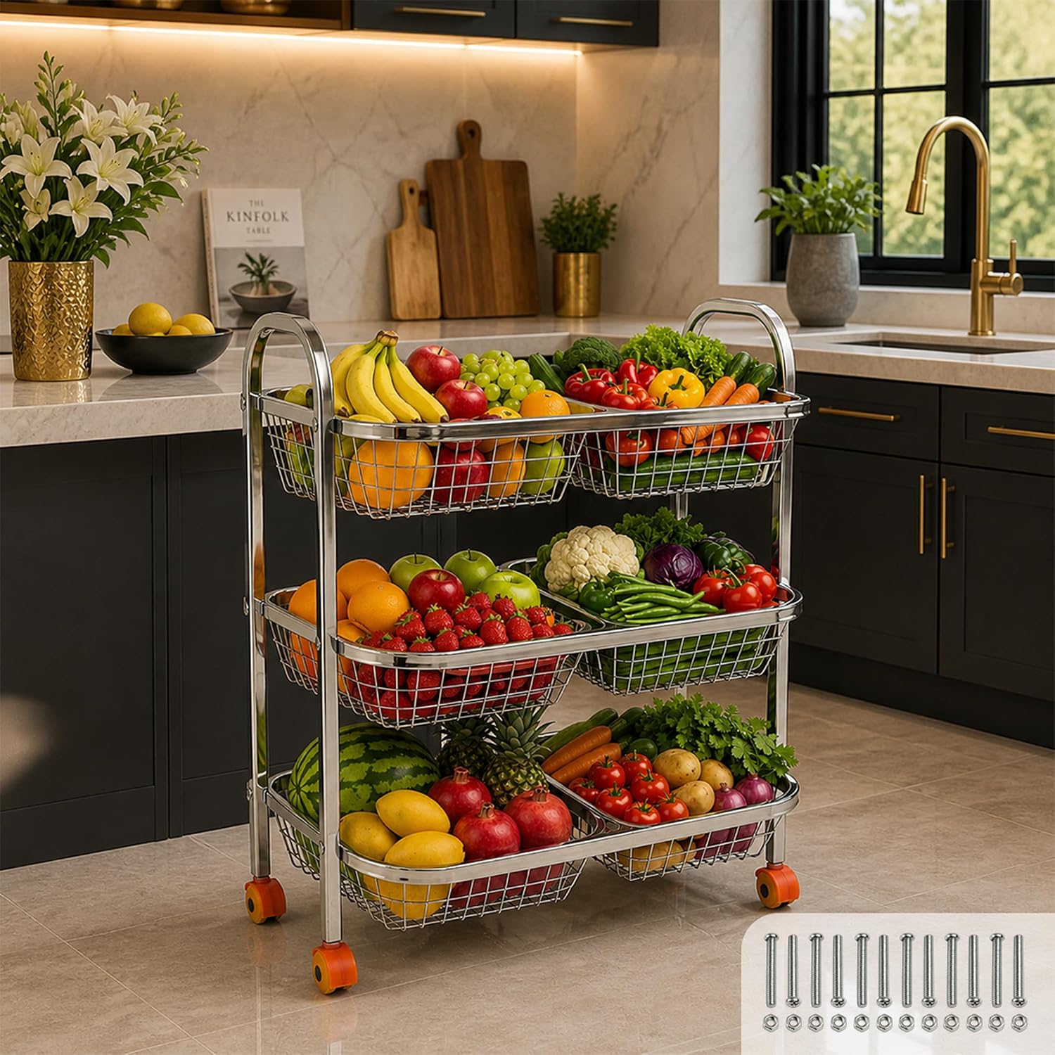 MIKANIX Stainless Steel Vegetable & Fruit Storage Rack with Wheels, Kitchen Storage Basket Organizer, Rust Proof Stand for...