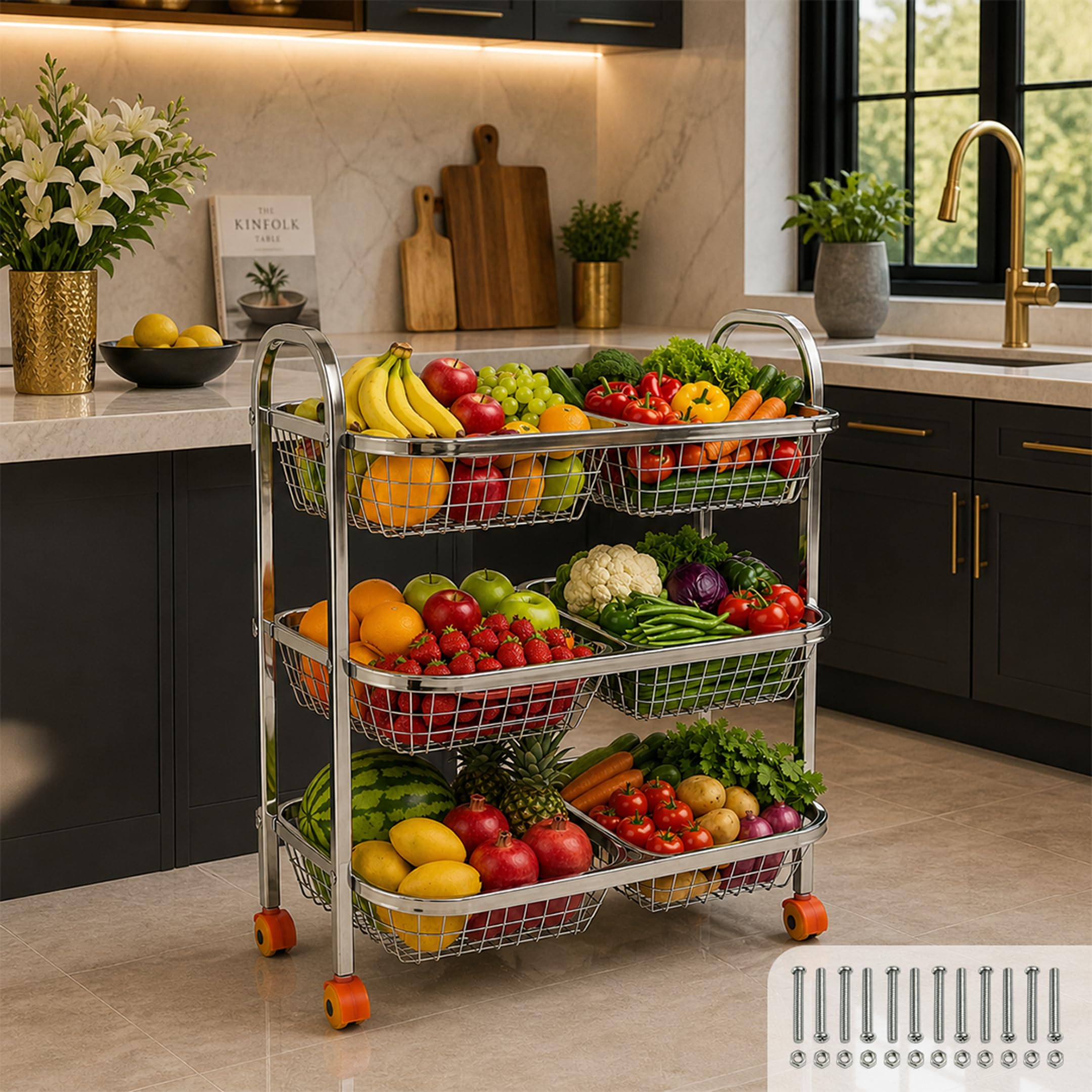 MIKANIX Stainless Steel Vegetable & Fruit Storage Rack with Wheels, Kitchen Storage Basket Organizer, Rust Proof Stand for Onion, Potato, Fruits & Vegetables Trolley (3 Rack & 6 PARTITION)