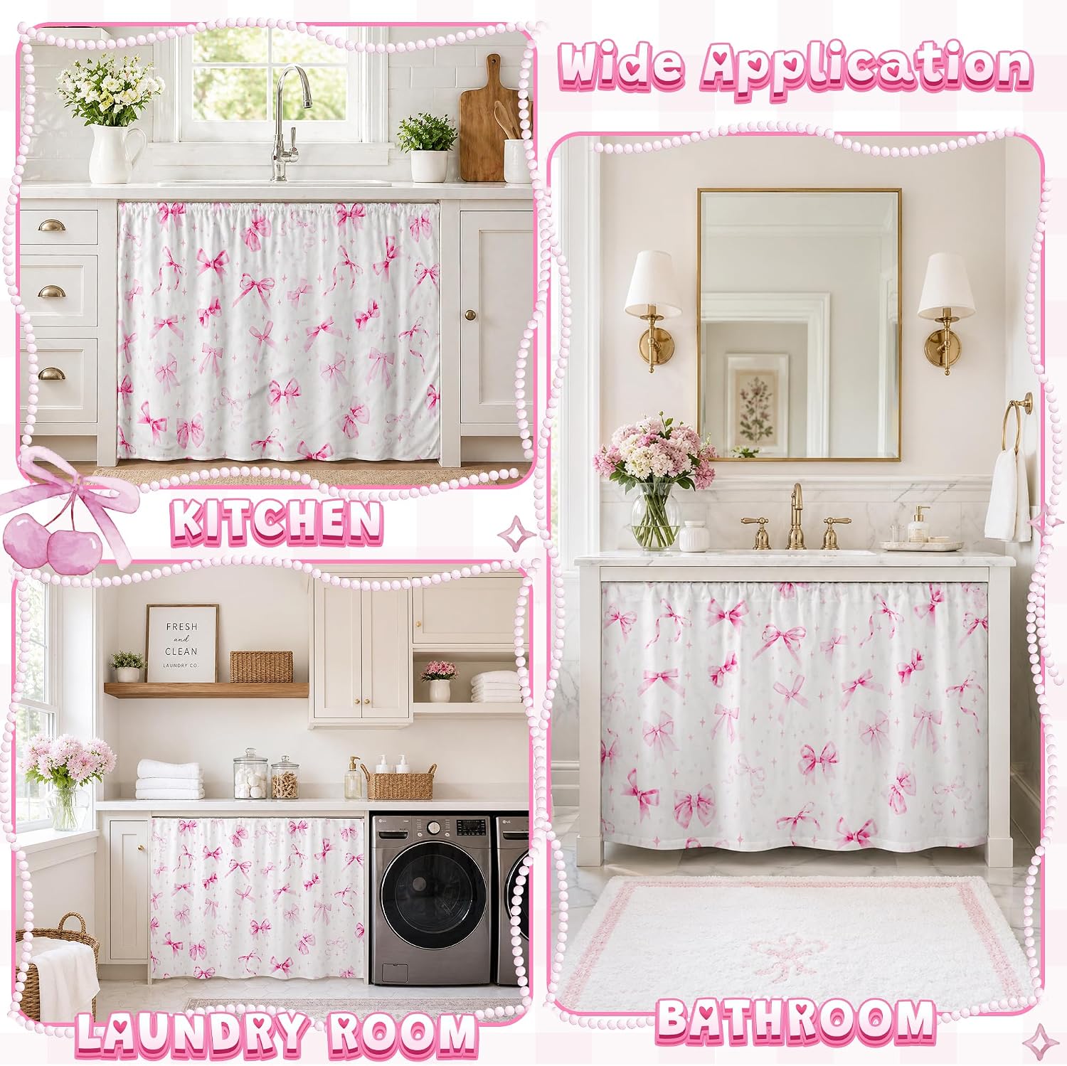 R HORSE Pink Bow Kitchen Cabinet Curtains 50 x 28 Inch Bathroom Sink Skirt | Self Adhesive Waterproof Cabinet Curtains, Cute Bow Under Sink Skirt for Kitchen Bathroom Home, Laundry Utility Room Decor