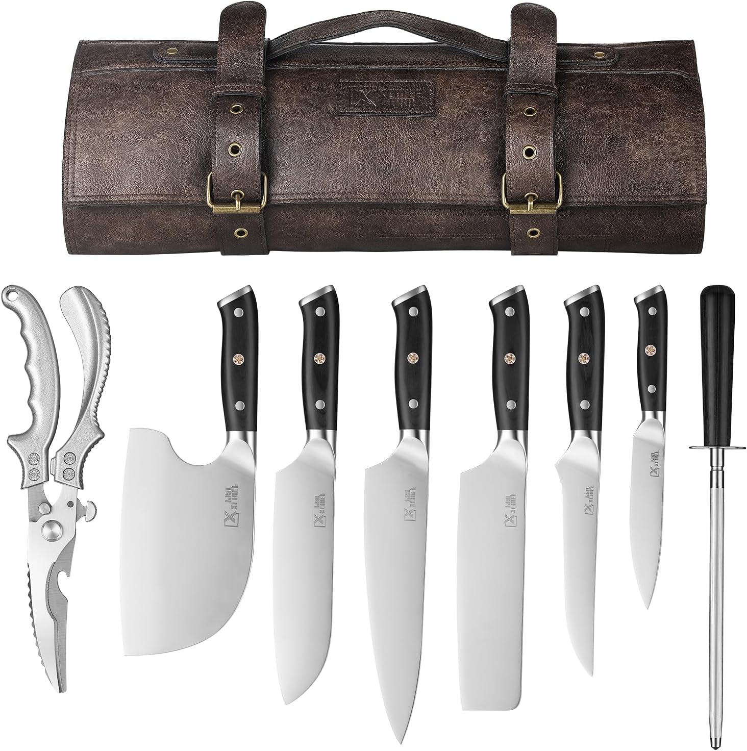 Chef Knife Set, Meat Boning Carving Cleaver Butcher Knife, High Carbon Steel Japan Nakiri Santoku Knife Set with Accessories for Kitchen, BBQ Camping Knives Set with Bag