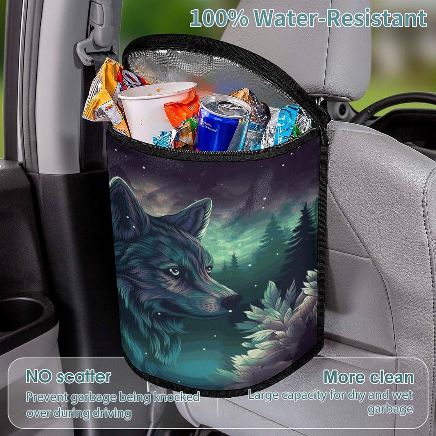 Hanging Car Trash Bag Forest Wolf Printed Car Garbage Storage Bag Leakproof Car Trash Can Portable Garbage Storage Bags