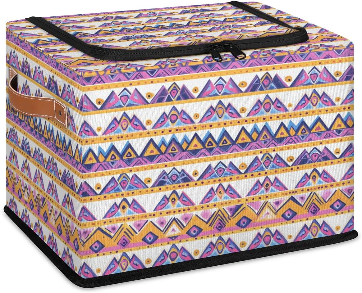 Colorful Tribal Theme Storage Box with Lid and Handles Foldable Cloth Storage Basket Bin Bags for Shelves Closet Shelf Toys Clothes Bed Sheets Organizer 2 Pack