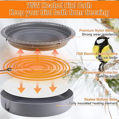 Miniatura 2 de Bañera para pájaros calentada, calentador de agua de 75 W con control termostático, descongelador de baño de pájaros para invierno al aire libre,