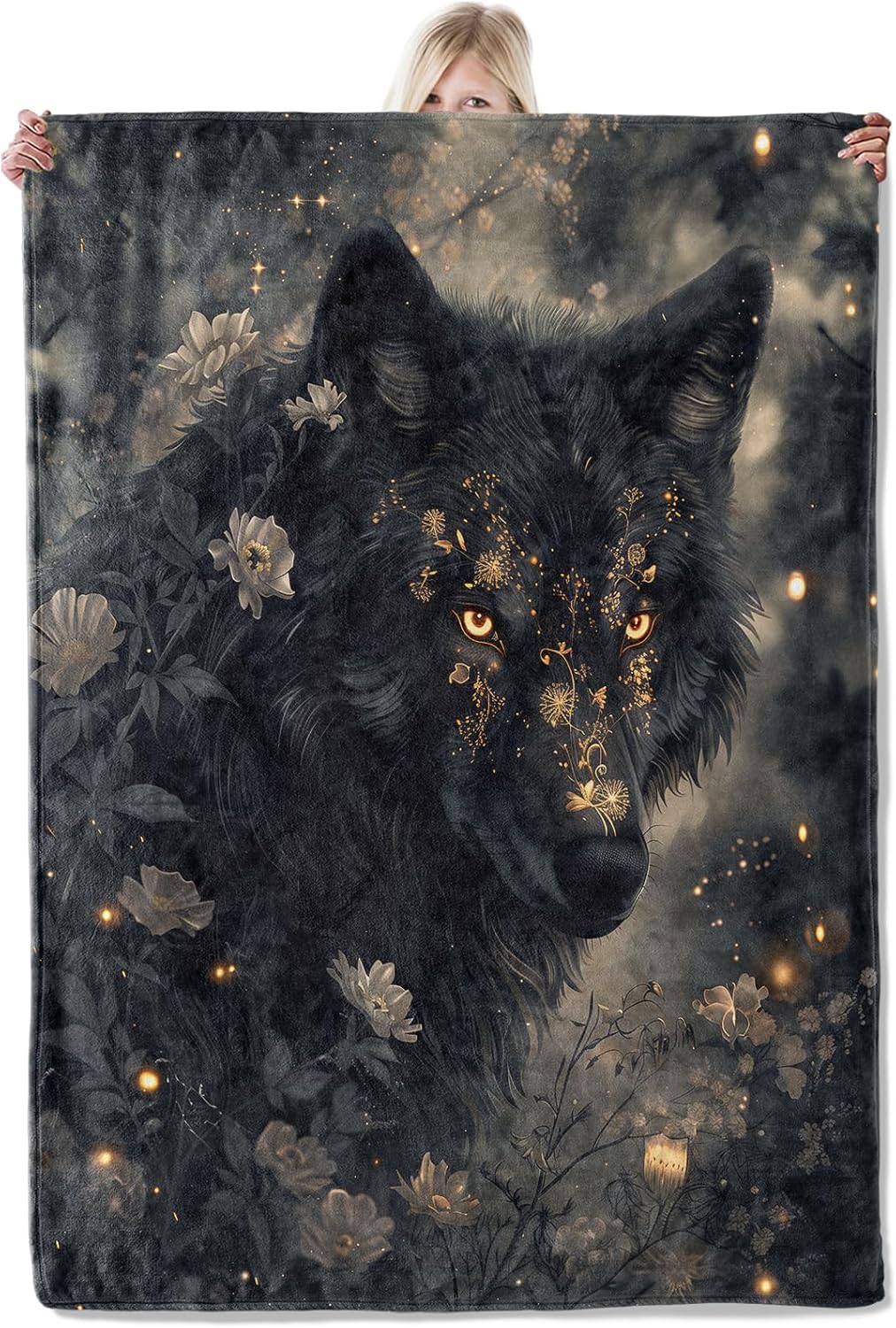 Mystical Black Wolf Flannel Blanket 50x60in,Enchanted Forest Floral Night Design,Soft Lightweight Throw for Wolf Lovers,Fantasy Fans,Wiccan Decor and Dark Aesthetic Rooms Gifts Blankets