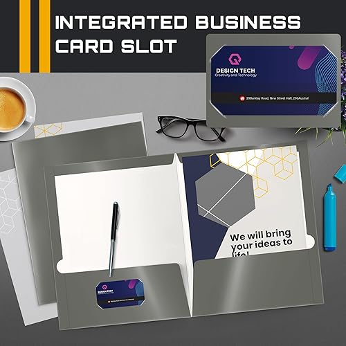 Miniatura 3 de Better Office Products Carpetas de papel gris laminado brillante de 2 bolsillos, caja de 25 unidades, tamaño carta, portafolios de papel gris,