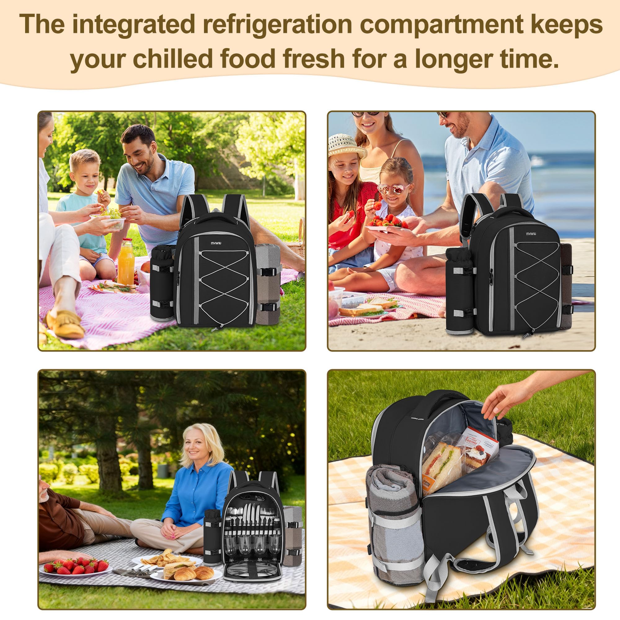 Picknick-Rucksack für 4 Personen, mit Kühlfach, isoliert und wasserdicht, Picknicktasche mit Set und Decke, für Strand, Camping, Wandern (schwarz)