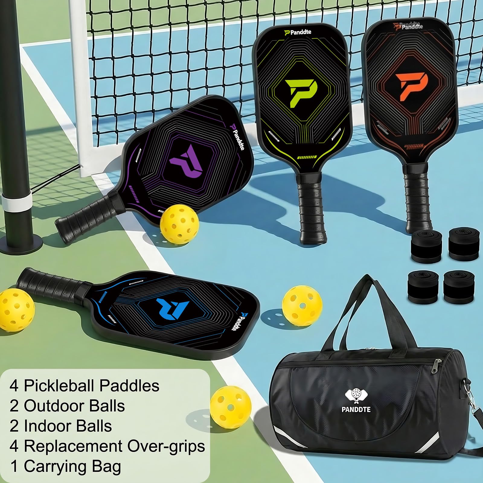 Raquettes Pickleball Set 4 Pièces, Kit Pickleball Complet avec Sac et Balles, Paddles Fibre de Carbone Légères, pour Débutant et Intermédiaire, Intérieur Extérieur