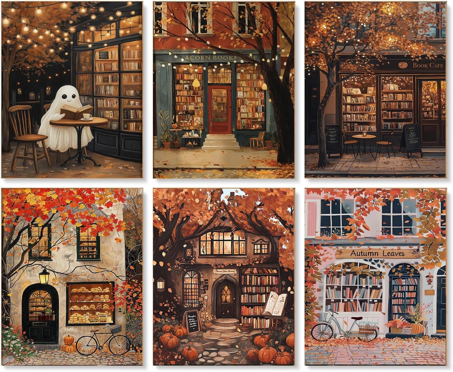6 Pack Autumn Diamond Art Kits for Adults, DIY Book Store Diamond Painting kit, 5D Ghost Diamonds Dots Gem Arts Craft for Home Wall Decor 30x40cm