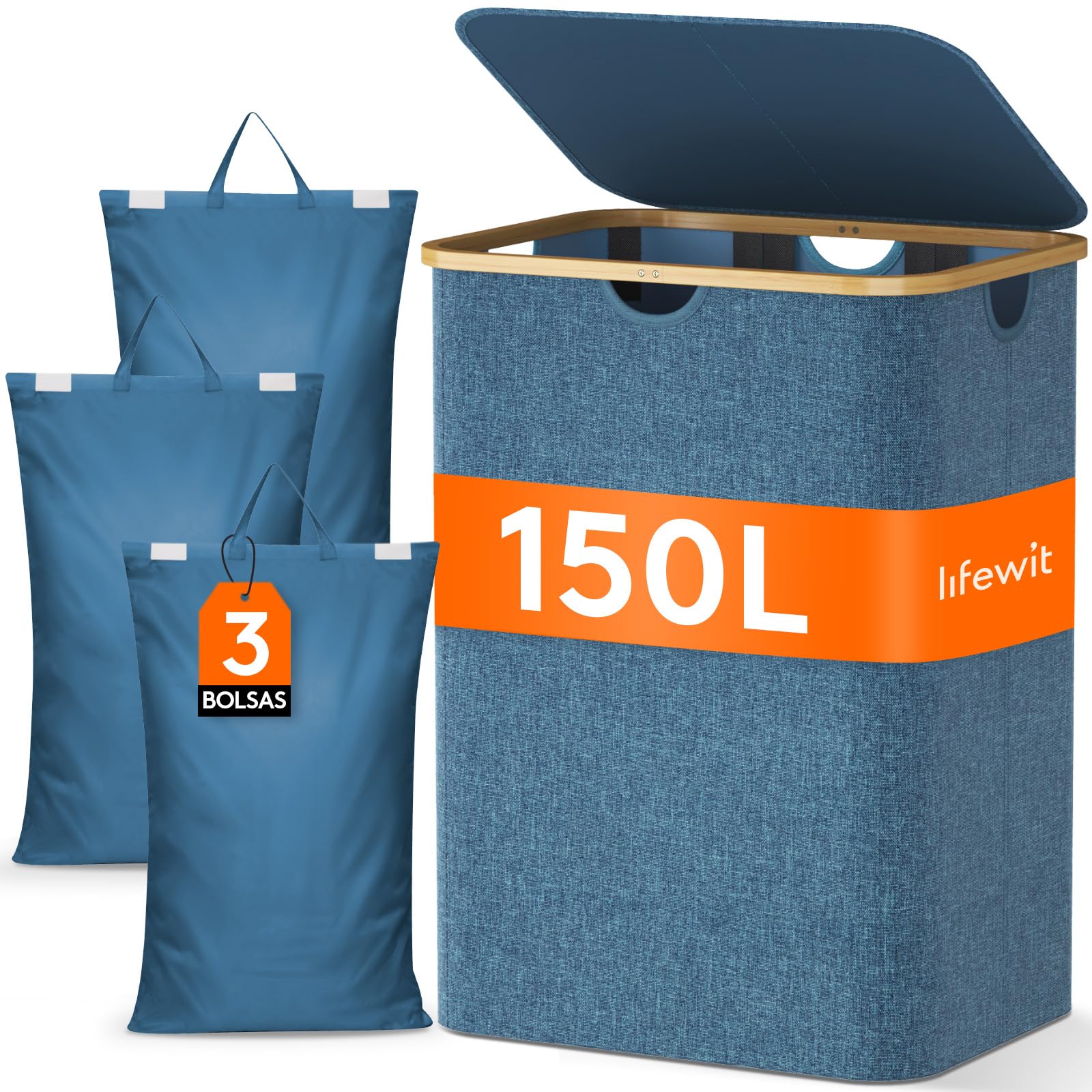 Lifewit 150L Cesto Ropa sucia con Tapa, Grande Cesto para la Ropa sucia, Cubo ropa sucia, 3 Compartimentos, clasificador de Ropa con Asas de bambú y 3 Bolsas para la colada extraíbles, Azul