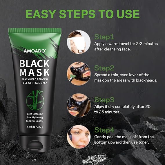 Blackhead Removal Mask, Charcoal Peel-Off Mask Set, Deep Pore Cleansing, Oil Control, Blackhead Removal Peel-Off Black Mask for Men and Women – Includes Brush, Extraction Tool,100g