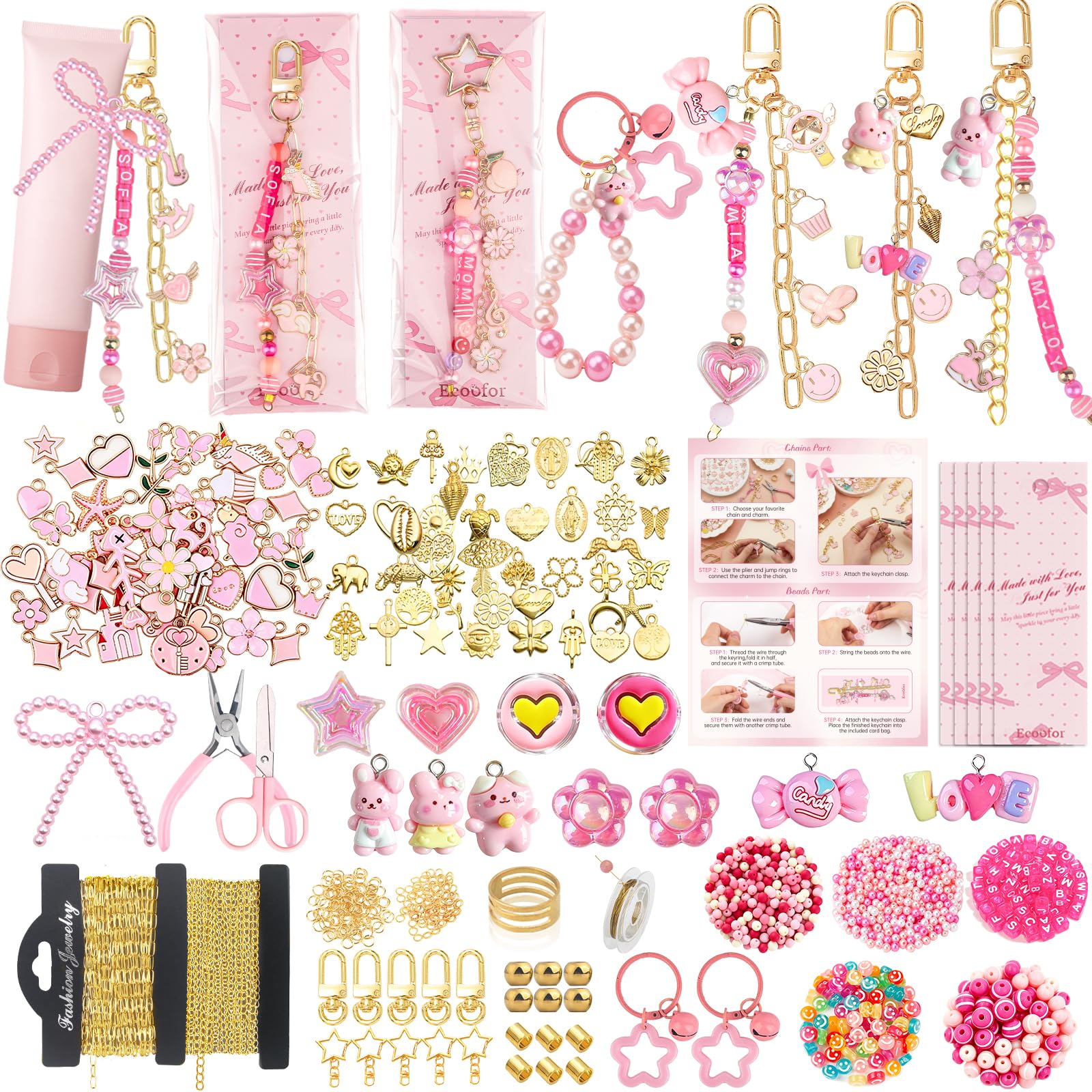 Photo 1 of Ecoofor 707 Pcs Lip Gloss Beaded Keychain Making Kits, Pink DIY Bag Charm Kit, 78.8 Inch Chains, Key Chain Hooks, Jump Rings, Lobster Clasps, 452 Charms & Letter Beads, Tools & Gift Bags