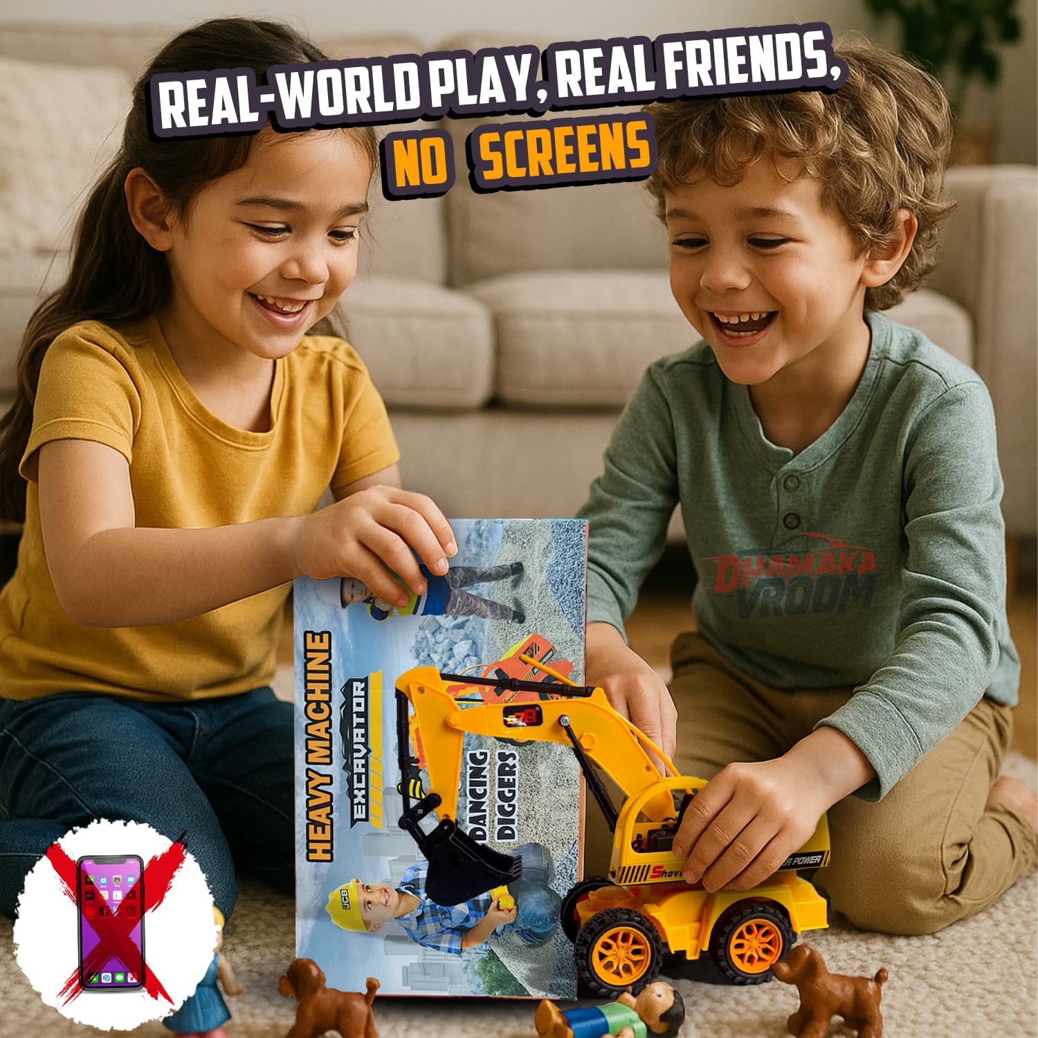 DHAMAKA VROOM Remote Control JCB Digger Toy – USB Rechargeable Excavator Construction Vehicle with 4-Way RC Car, Flashing Lights, Realistic Sound, Moving Shovel Arm for Kids (Model 8037, Yellow) 4