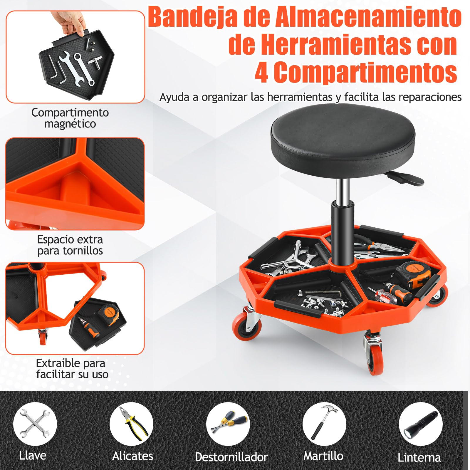 GOPLUS Taburete de Taller con Ruedas 41-56 cm Altura Ajustable, Taburete Mecánico con Bandeja para Herramientas y 4 Ruedas Universales, Carga 150 kg, para Garaje y Taller de Reparación