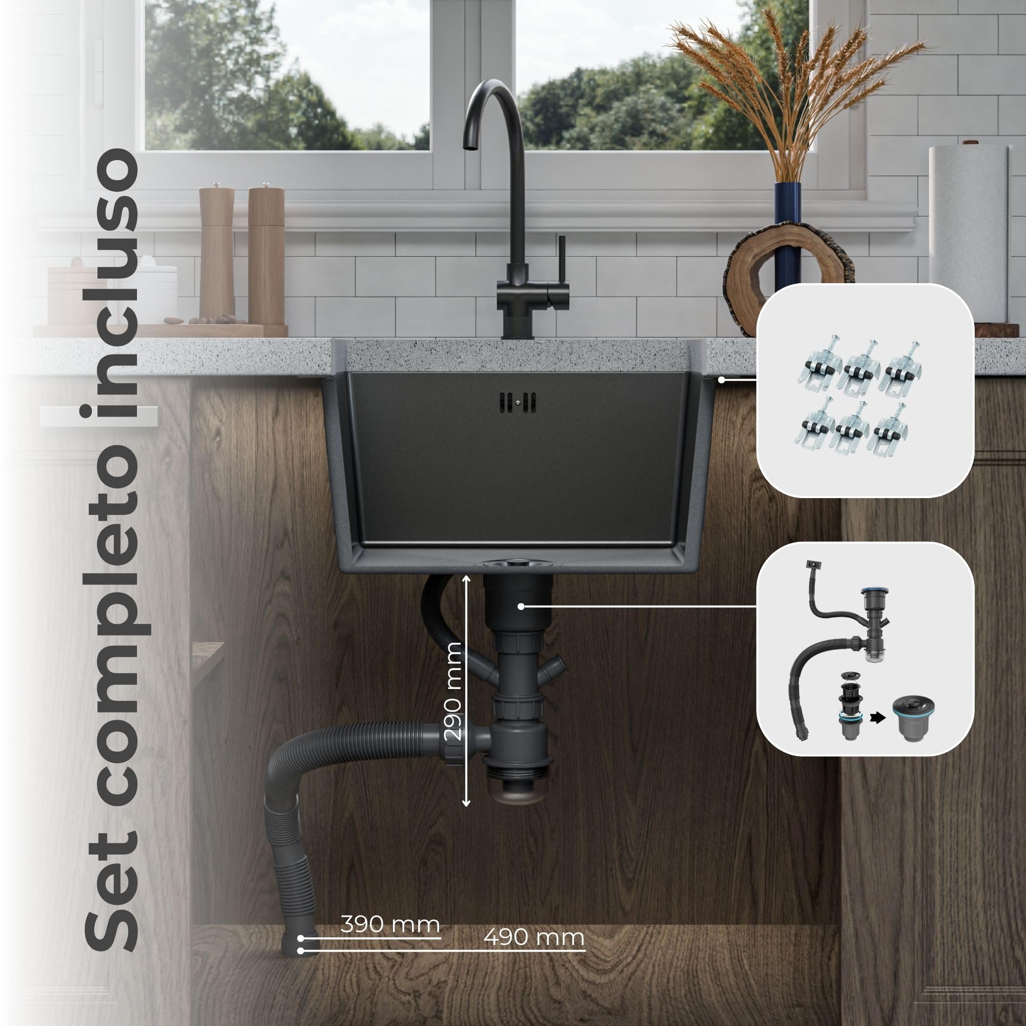ANW HOME Lavello Cucina 1 Vasca 49x44 cm, Nero | Incasso/Sottotop, Rivestimento Nano, Spessore 3,0/1 mm, Profondità 22 cm, Con Sifone