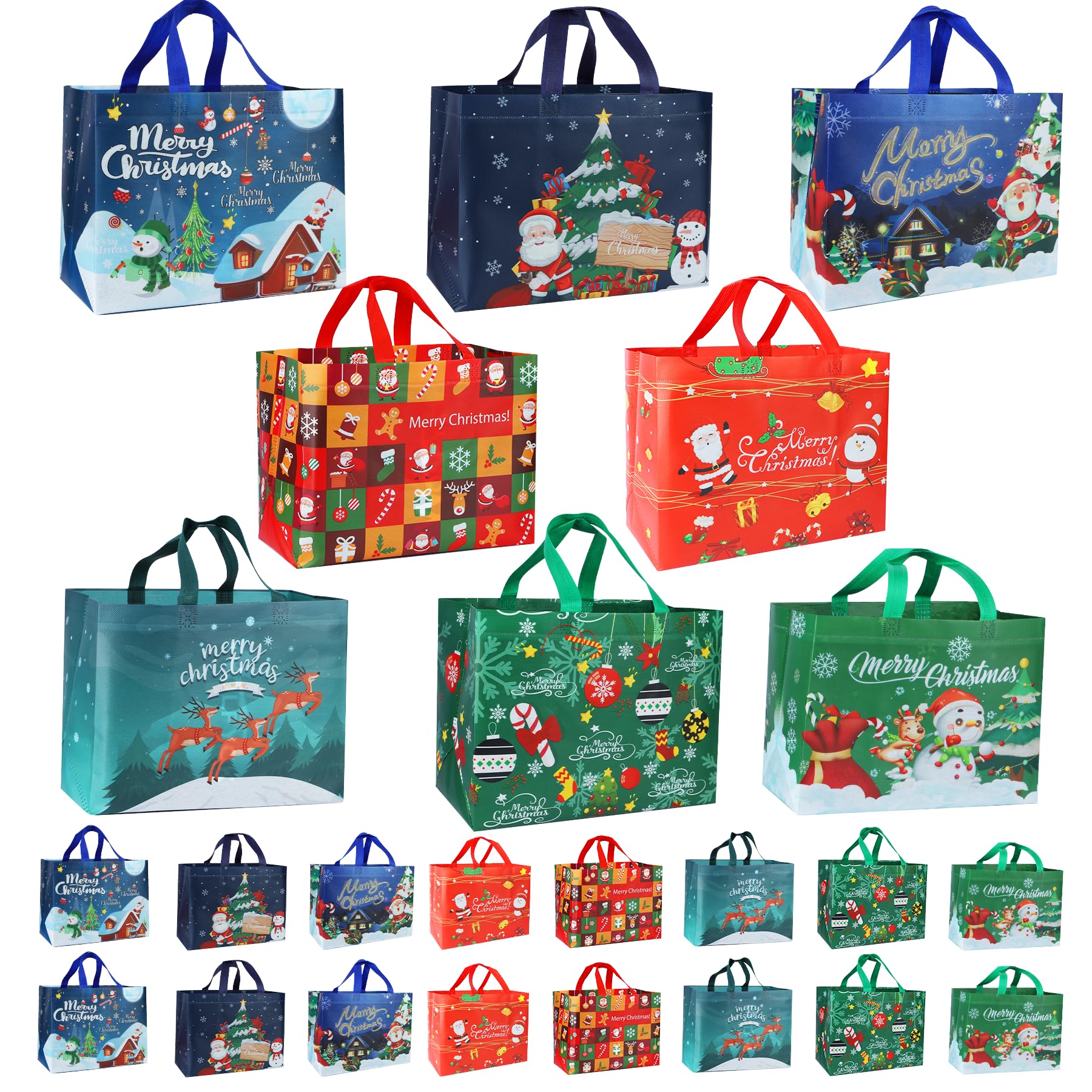 Christmas Gift Bags 16 packs Christmas Bags with Handle Medium Size Holiday Gift Bags Reusable Non-Woven Shopping Bags for Xmas Gifts Wrapping Party Supplies Open Size 12.4 * 9.84 * 6.69 in
