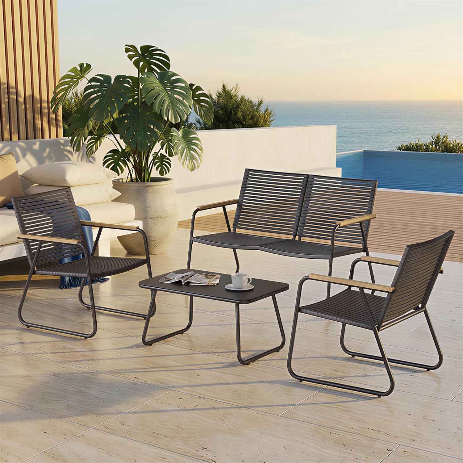 4-Piece Outdoor Patio Furniture Set with 4 Chairs & Glass Table, Weather-Resistant Outdoor Conversation Set for Balcony, Backyard & Small Spaces