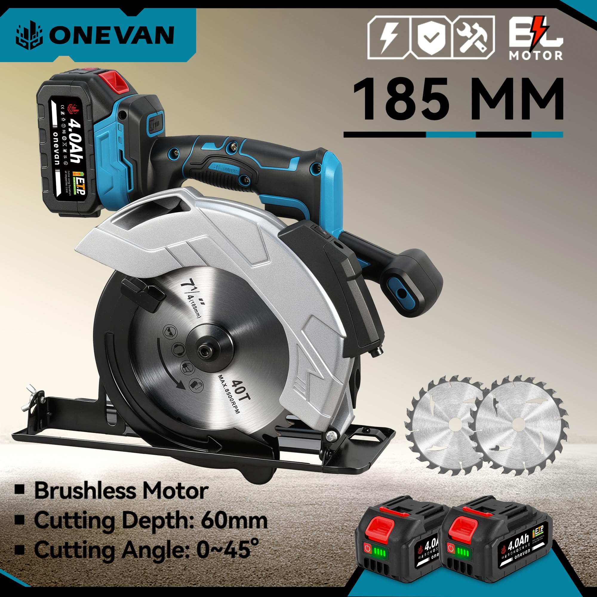 ONEVAN Akku Kreissäge mit Laser, 1200W Bürstenlos Akku Handkreissäge, Tauchkreissäge Schnitttiefe 60mm, 0-45° Schrägschnitt, 4000 U/min, 2x4.0Ah Akkus, für Holz, Metallarbeiten (Blau)