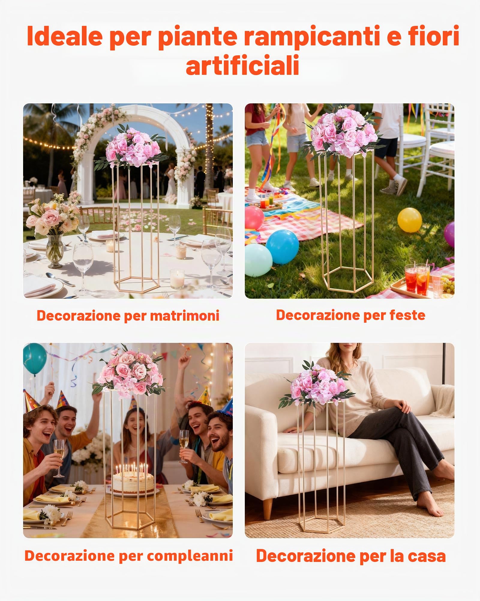 VEVOR Portafiori da Matrimonio 10 Pezzi da 80 cm, Cubico Esagonale con Laminato Acrilico, Espositore Floreale Cubico Cilindrico per Matrimoni, Feste, Compleanni, Casa, Centrotavola Oro Francese