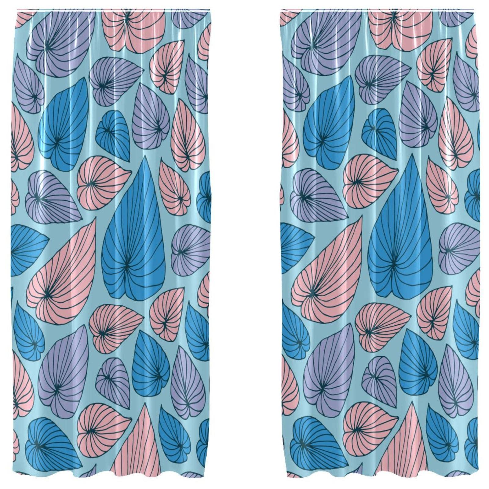 Rideaux occultants feuilles bleues et roses en microfibre de 140 x 213 cm
