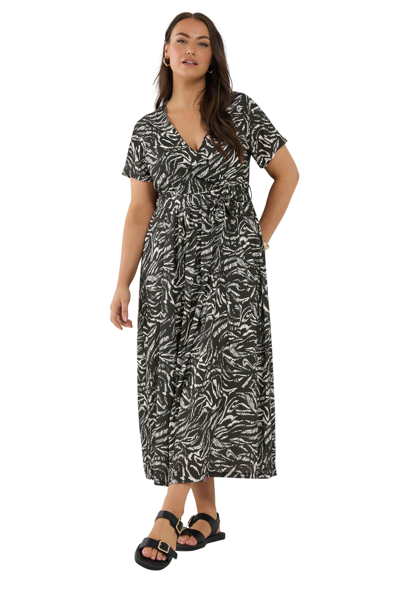 Yours Women's Black Abstract Wrap Maxi Dress In | Size: 30-32