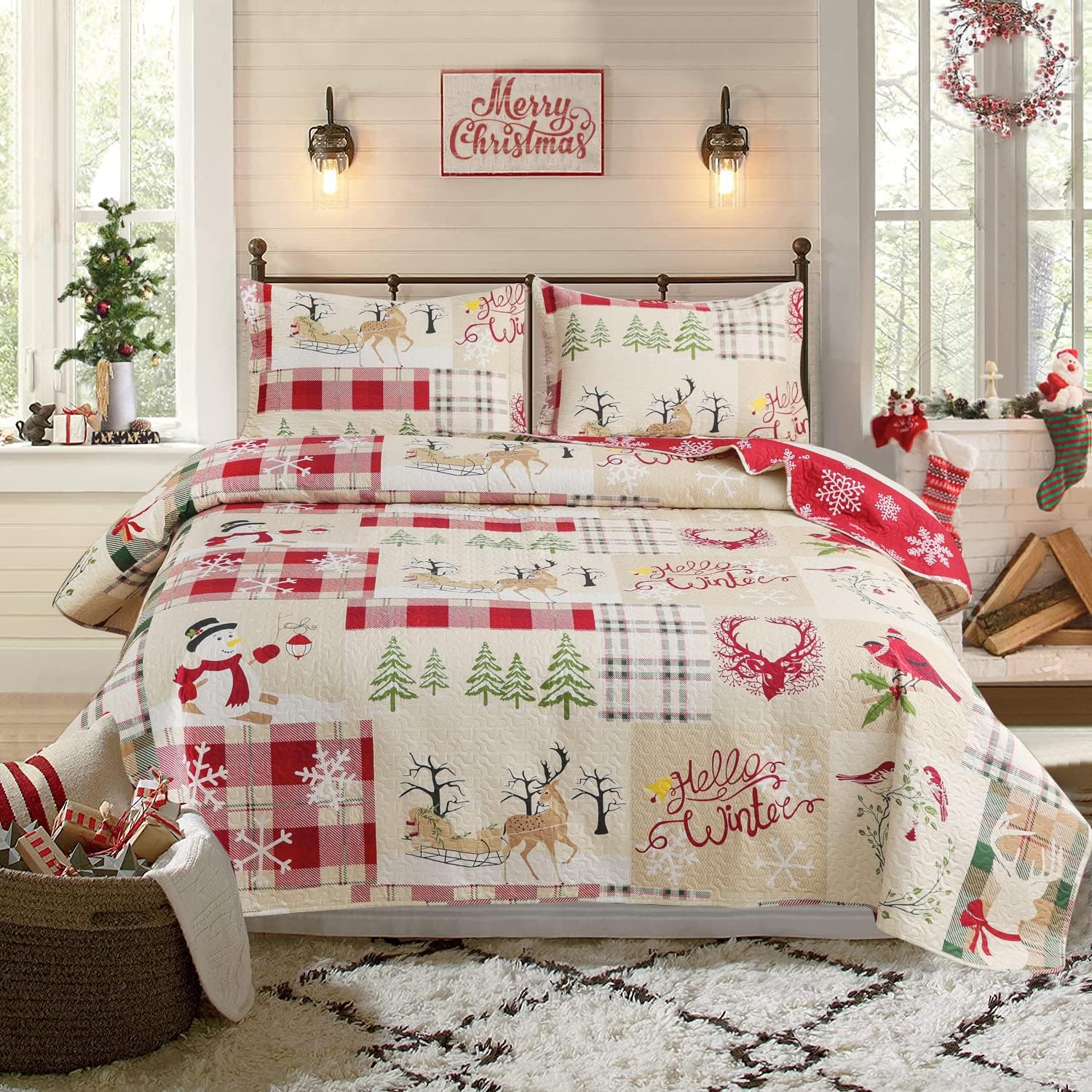 Ycosy Christmas Bedspread Coverlet Queen Size Christmas Quilt Elk Xmas Tree Bedding Set Lightweight Reversible Aqua Blue Red Strip Quilt Bedspread Christmas Lodge Coverlet Snowflake Elk Decor