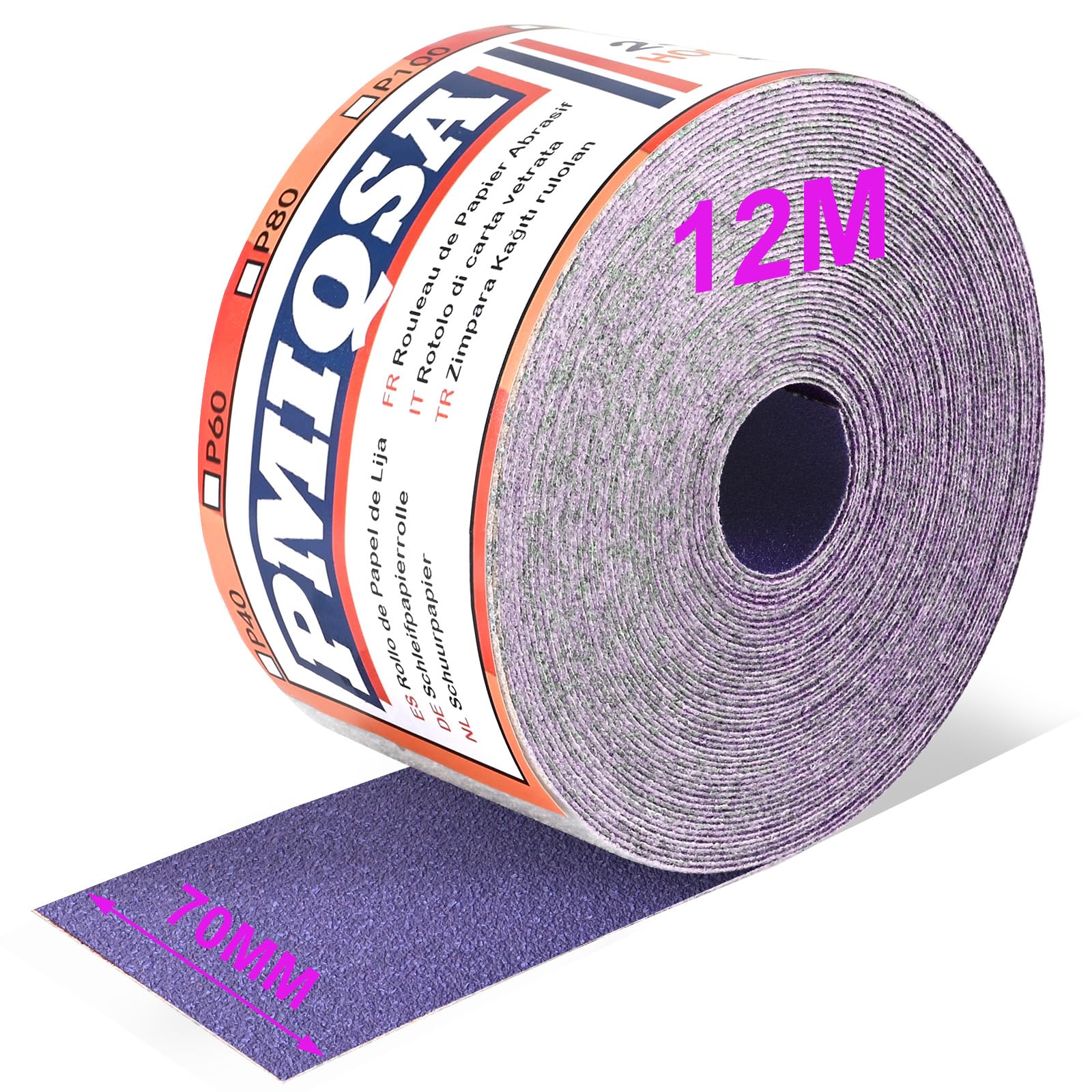 PMIQSA Purple Ceramic Sandpaper Roll 40 Grit, 70mm x 12M Hook & Loop Sandpaper for Automotive, Woodworking Color Sanding, Finishing Metal (Ceramics)