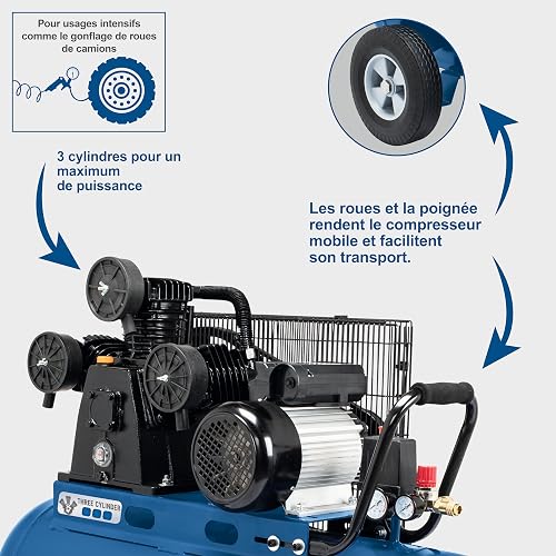 Scheppach Compresseur à air HC550TC – 400 V – 3000 W / 3 PS – Tri-cylindres – Cuve 100 L – 10 bar – Entraînement par courroie – Puissance d'aspiration 550 L/min – Transport facile - 7