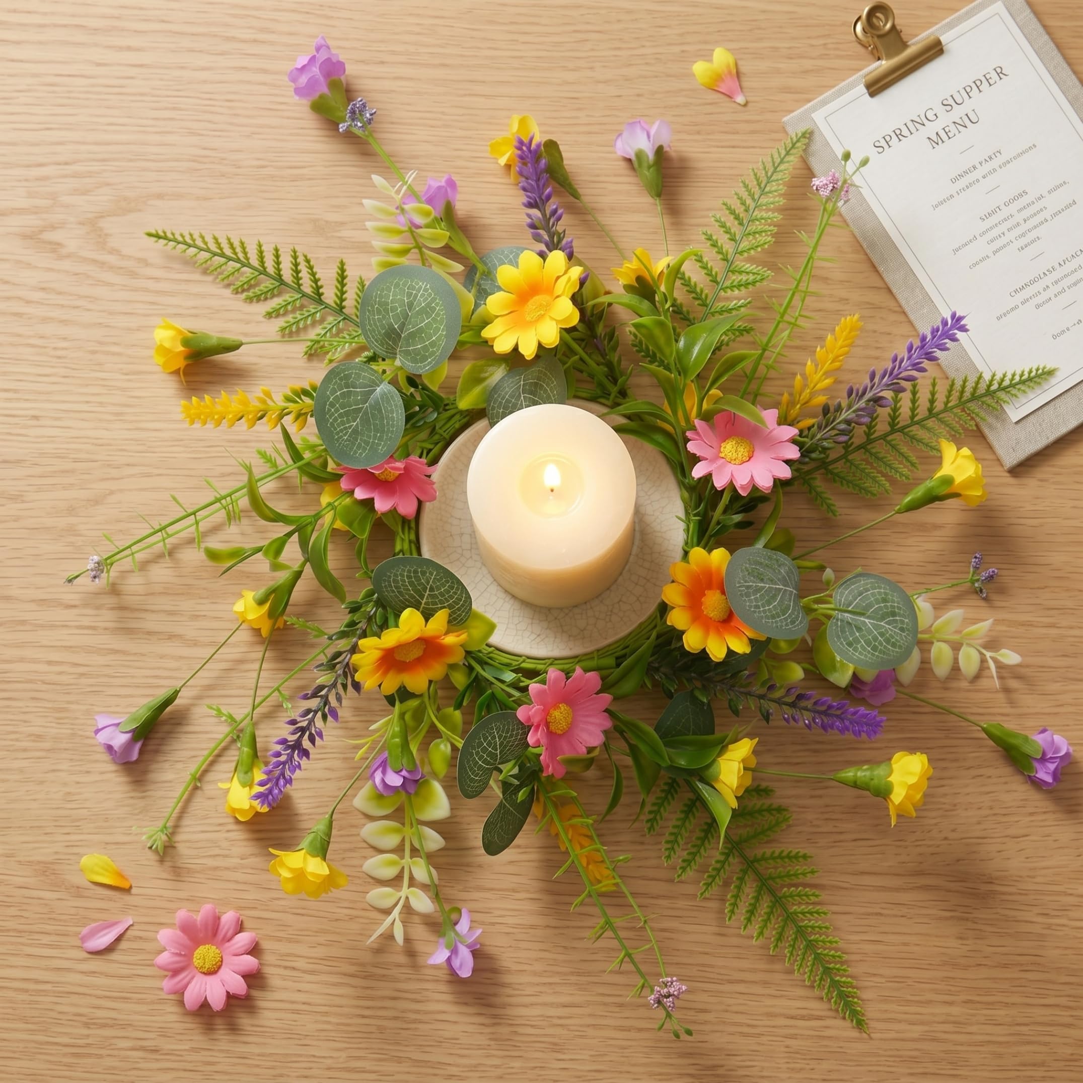 Hperu Realistic Daisy Candle Rings Wreath 11.81 Inch Outer Mini Summer Wreath for Tabletop, 3.54 Inch Inner