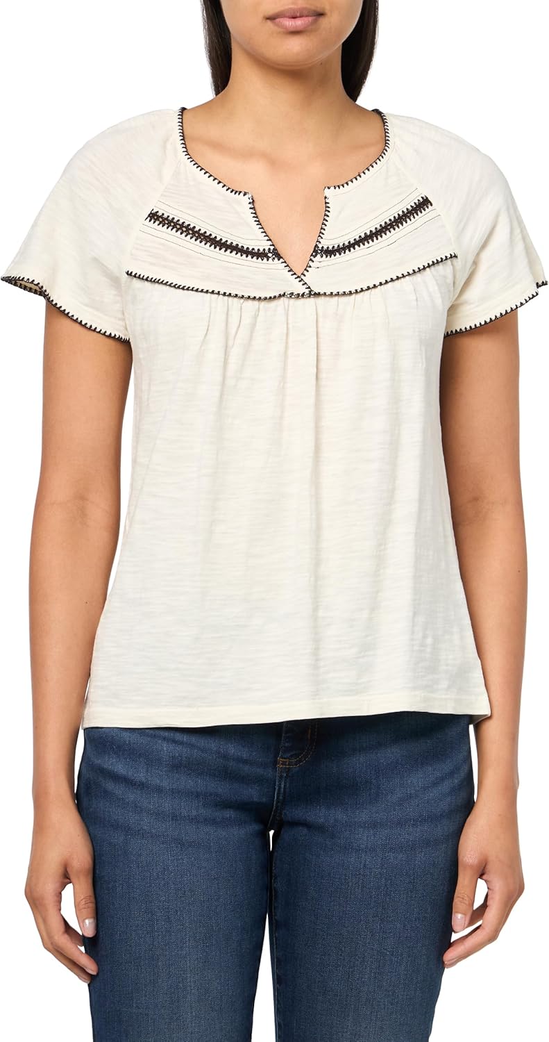 Lucky Brand Womens Contrast Trim Short Sleeve Peasant Top